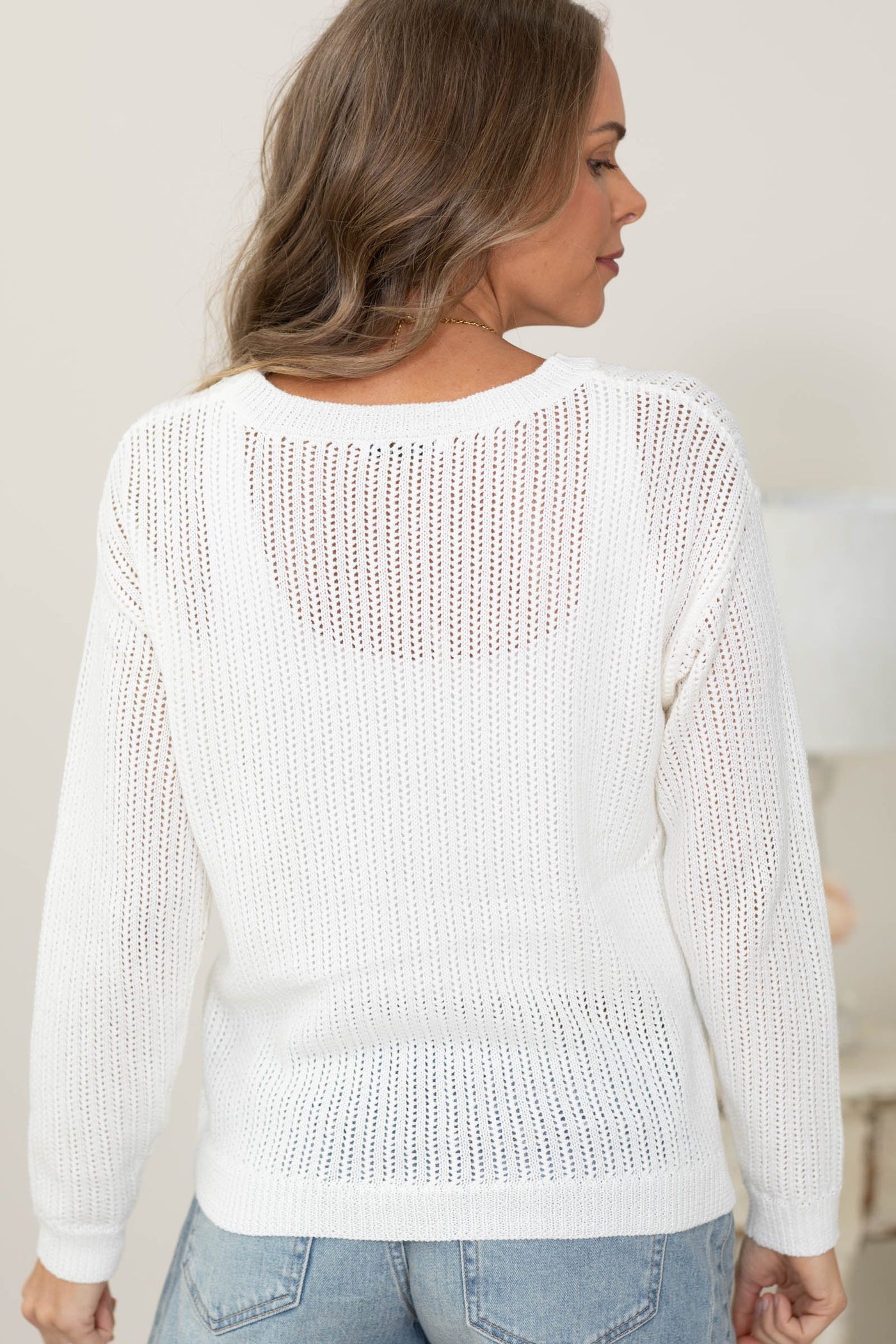 Staccato Pointelle Long Sleeve Lightweight Sweater