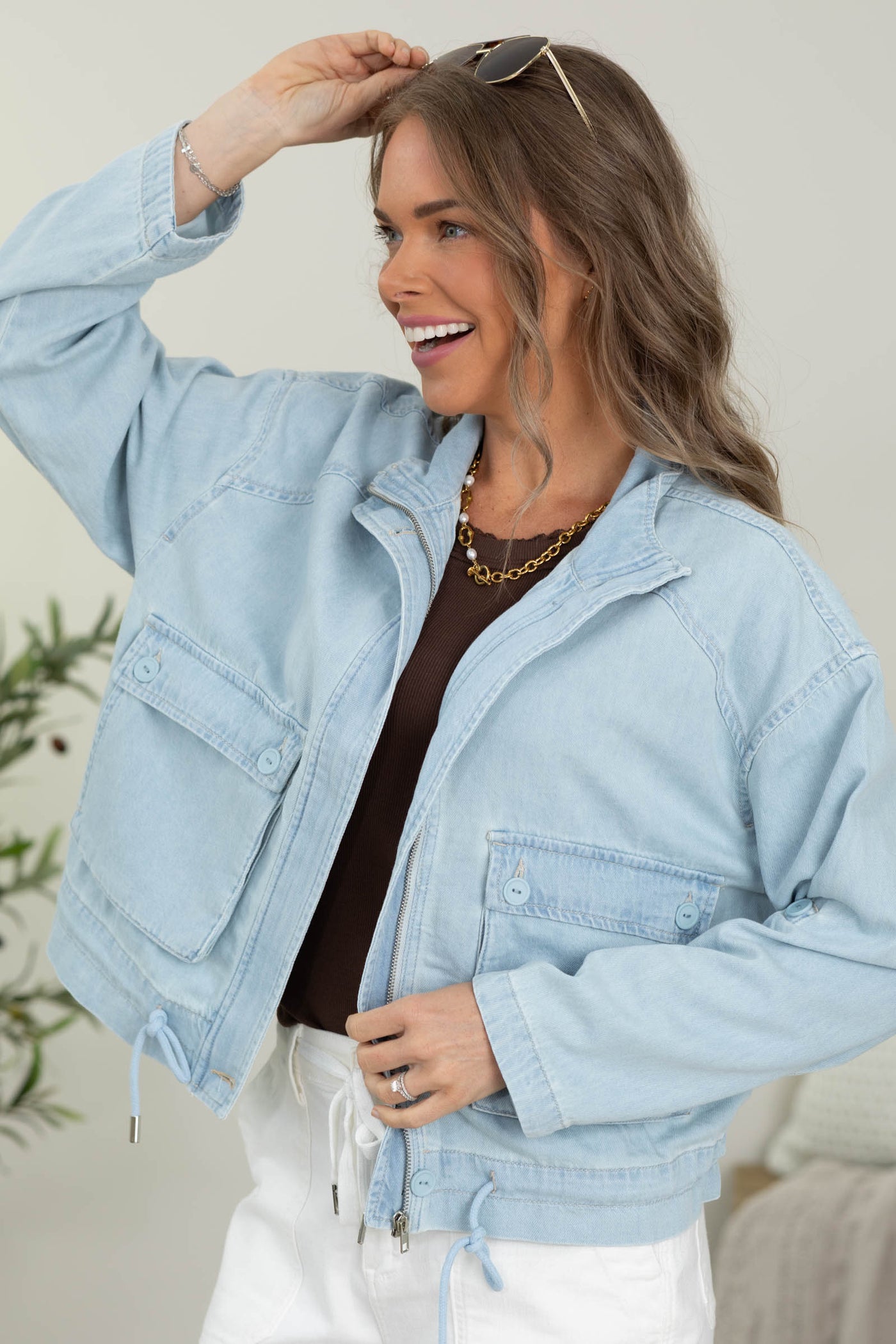 Risen Light Denim Jacket Cargo Pocket Waist String- 100% Cotton