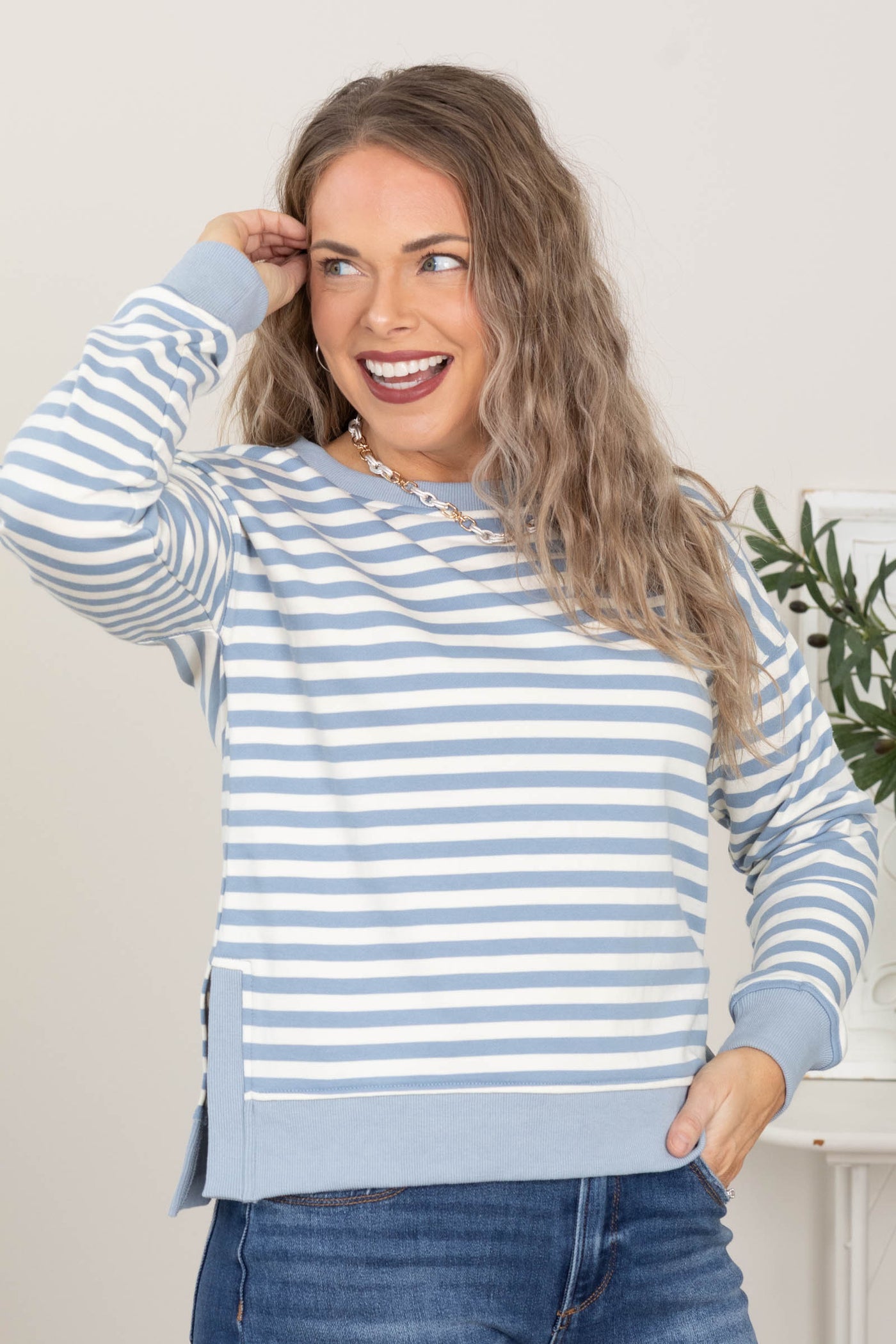 Sky Blue Striped Sweatshirt With Side Slits