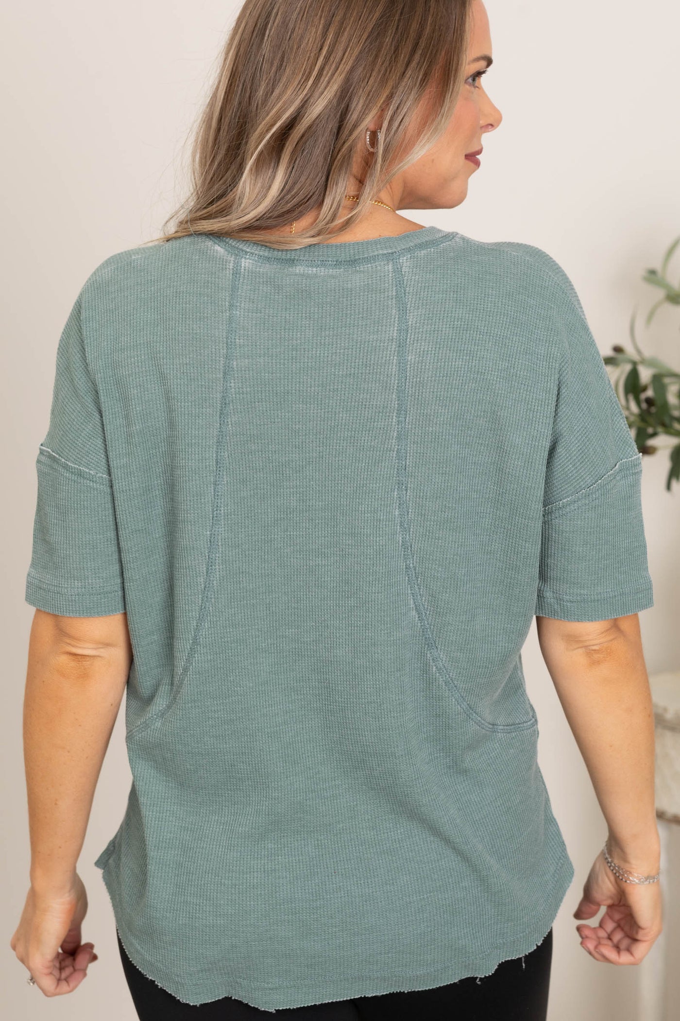 Short Sleeve Waffle Knit Seam Detail Top