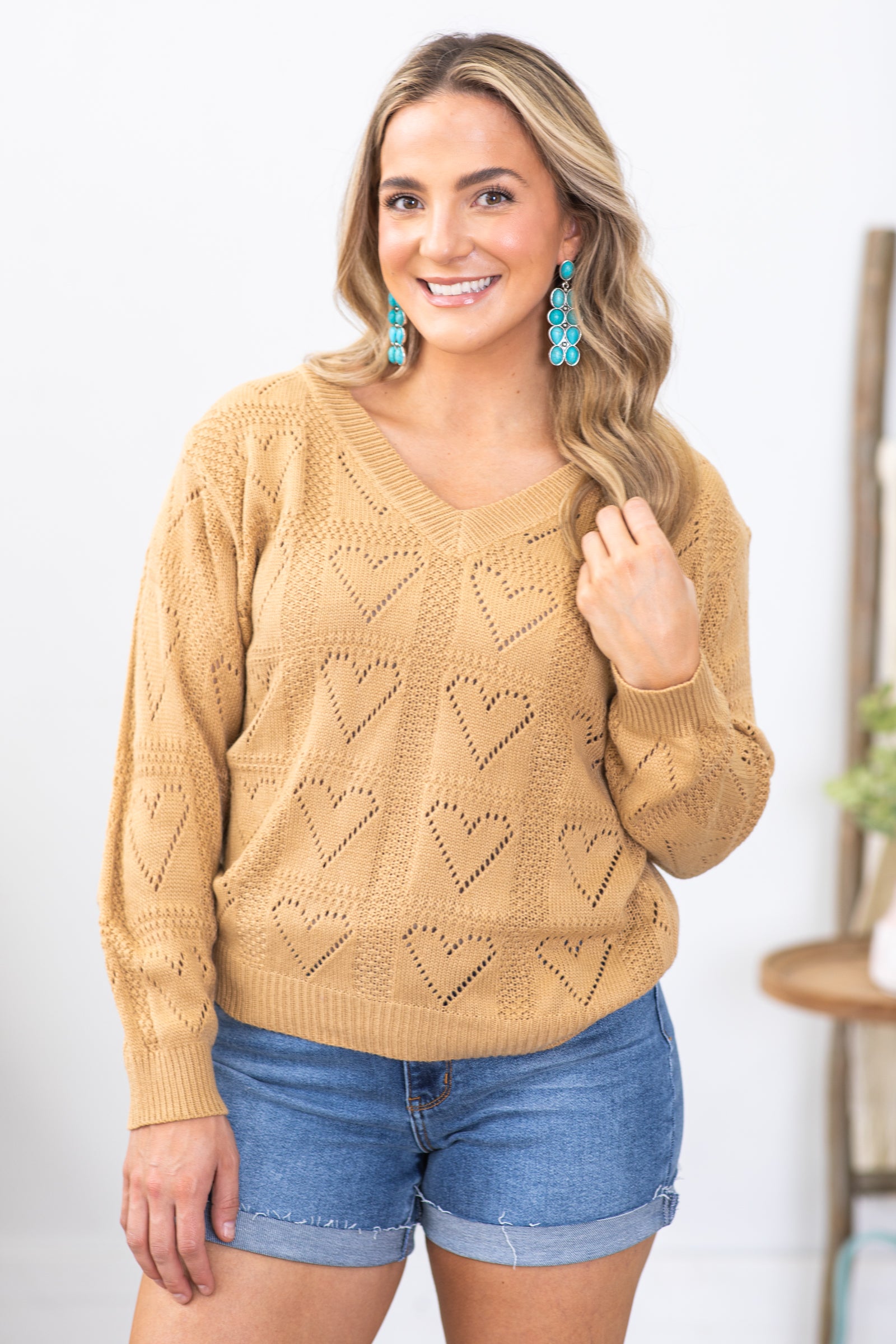Camel Heart Pattern Knitted Sweater