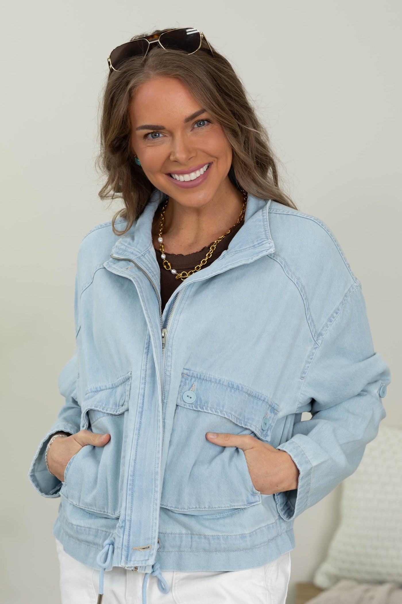 Risen Light Denim Jacket Cargo Pocket Waist String- 100% Cotton