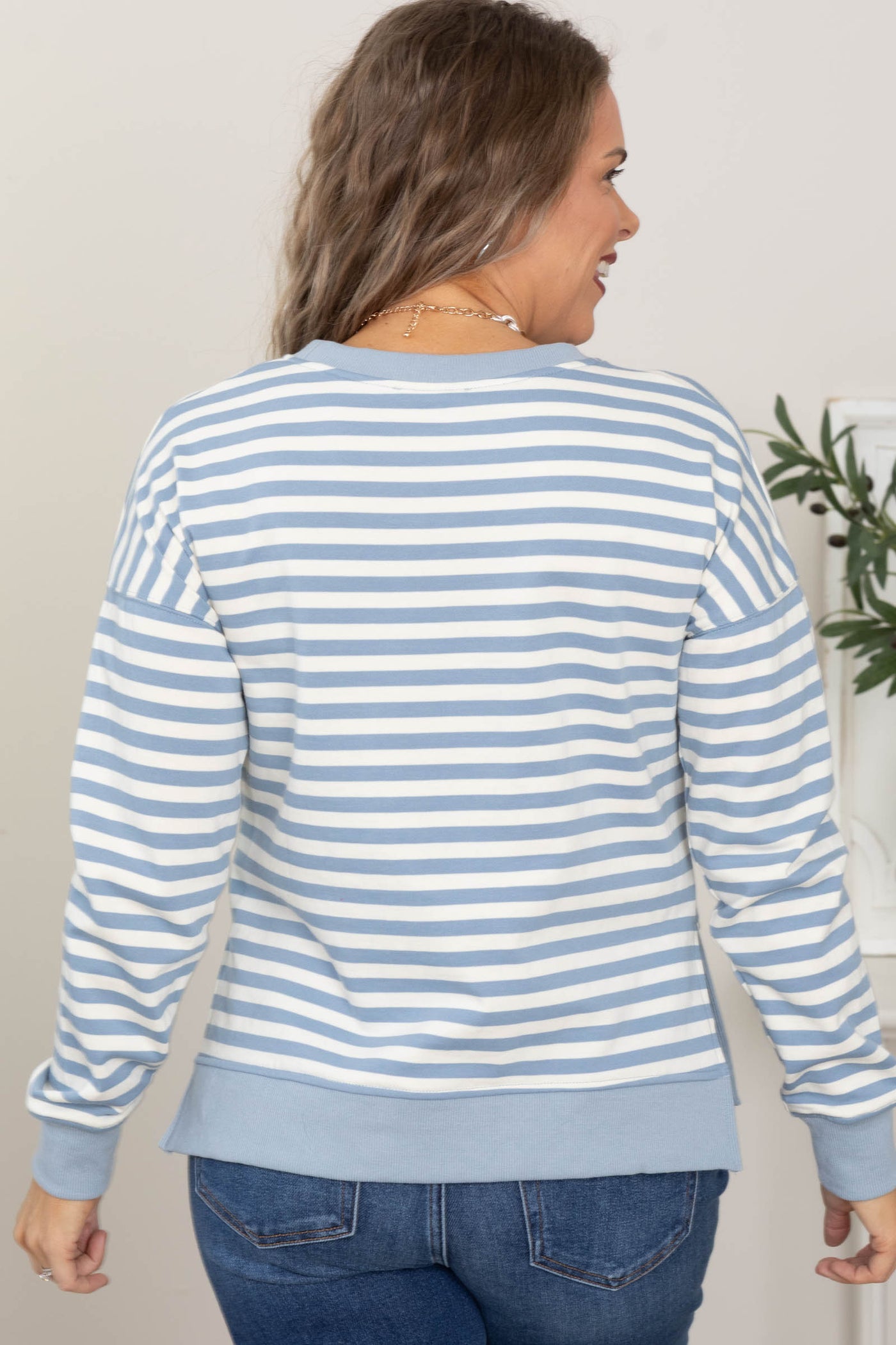 Sky Blue Striped Sweatshirt With Side Slits