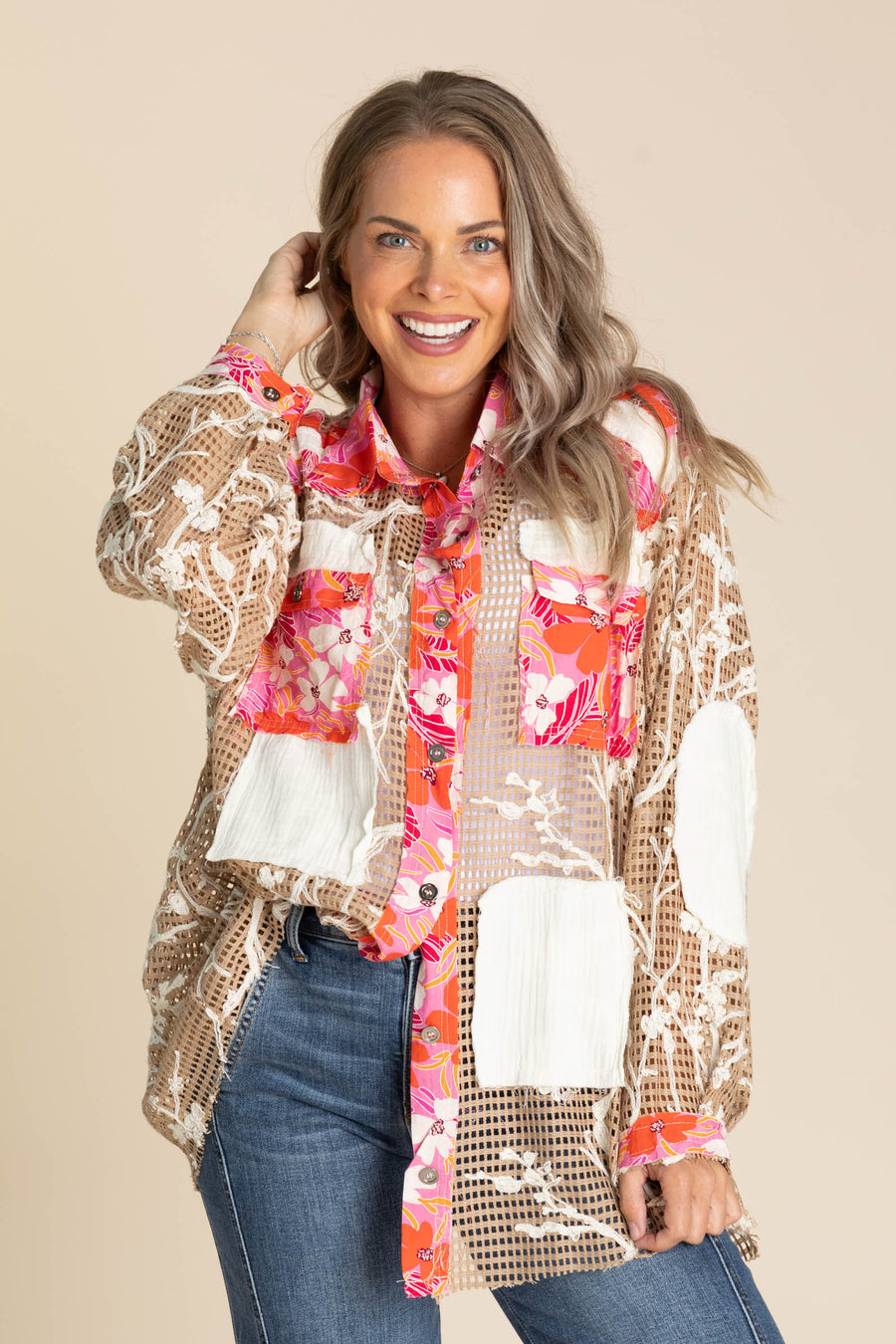 Mocha And Coral Crochet Detail Button Up Top