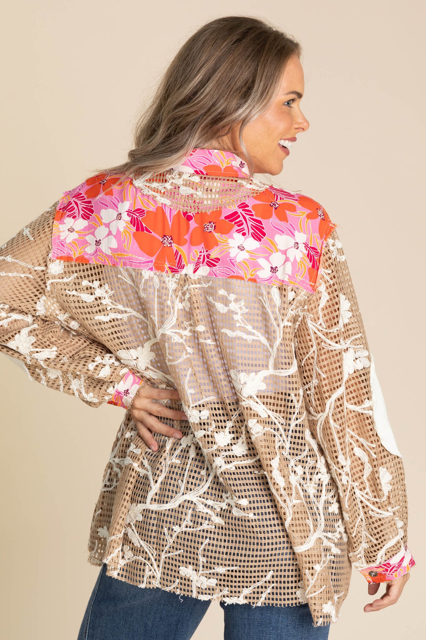 Mocha And Coral Crochet Detail Button Up Top