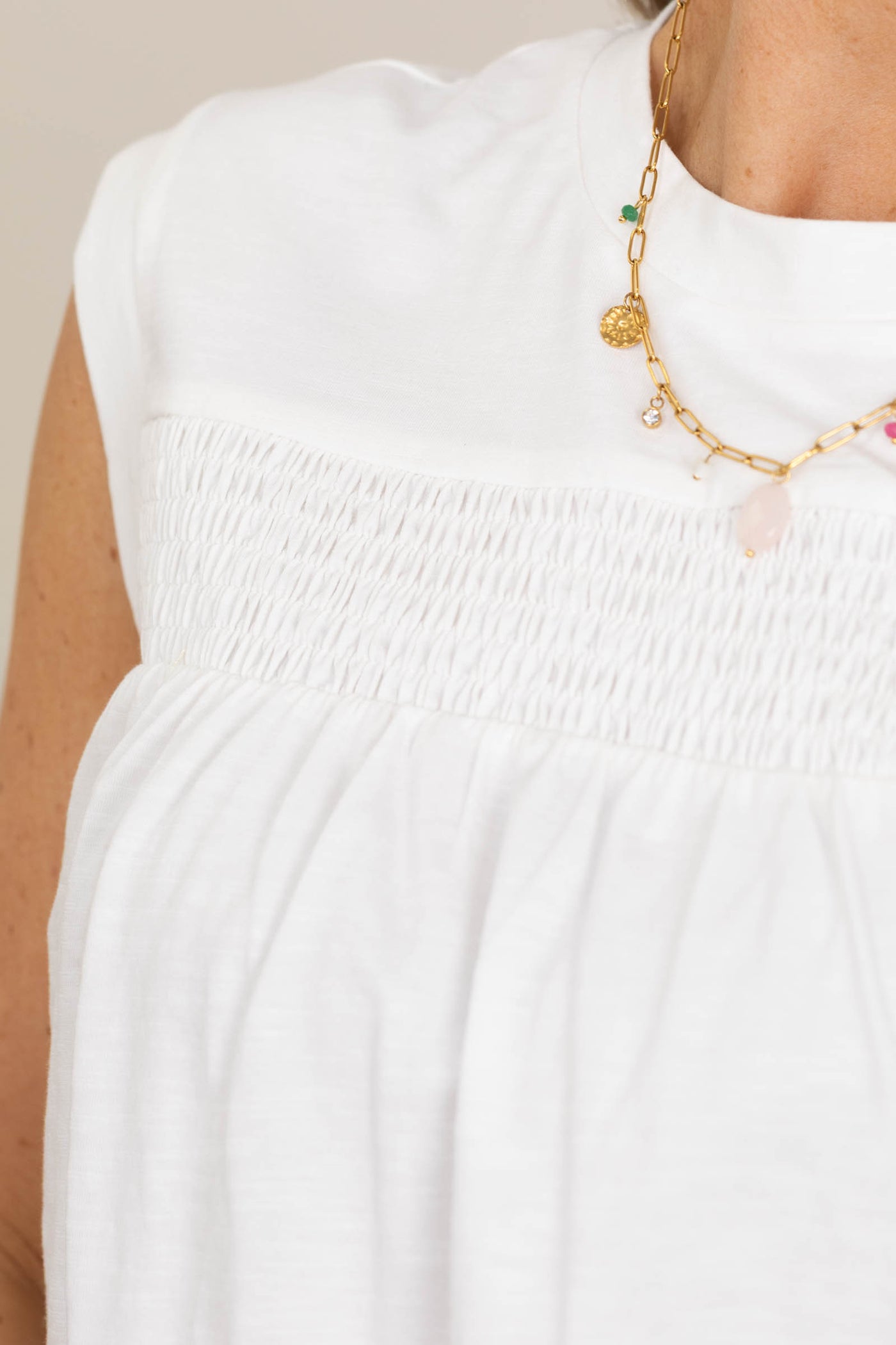 Off White Smocked Sleeveless Cotton Knit Top