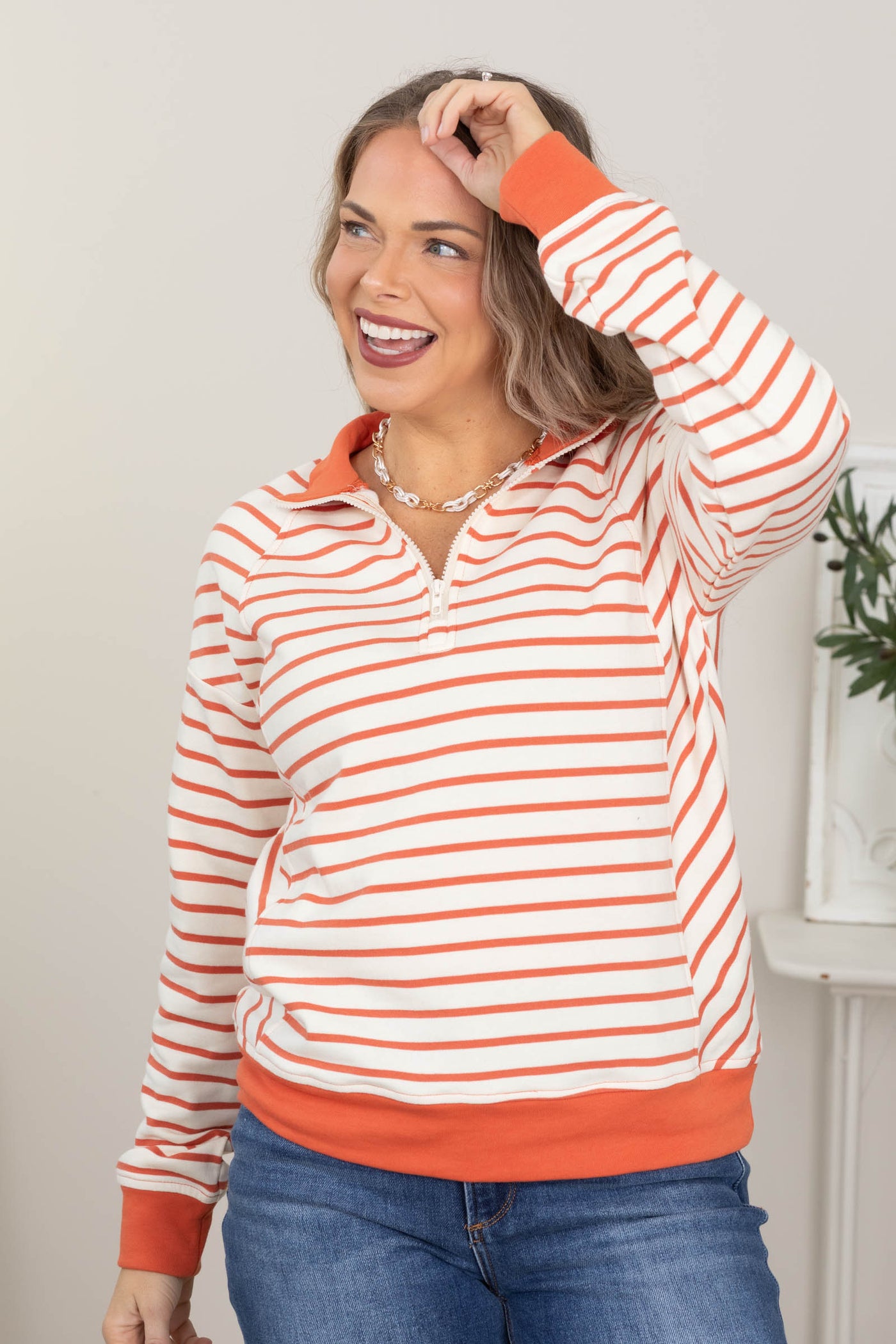 Orange Striped Half Zip Sweatshirt