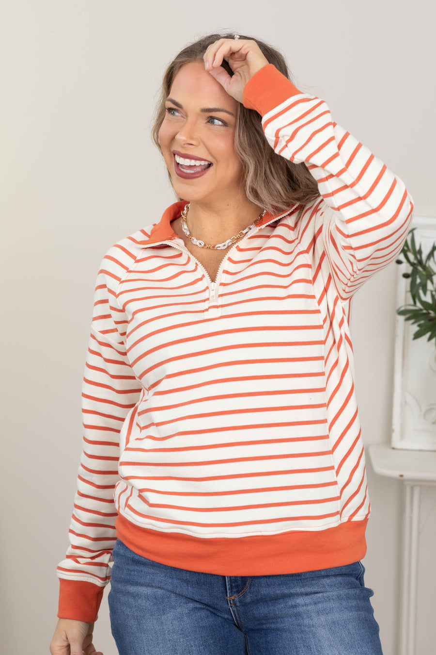 Orange Striped Half Zip Sweatshirt