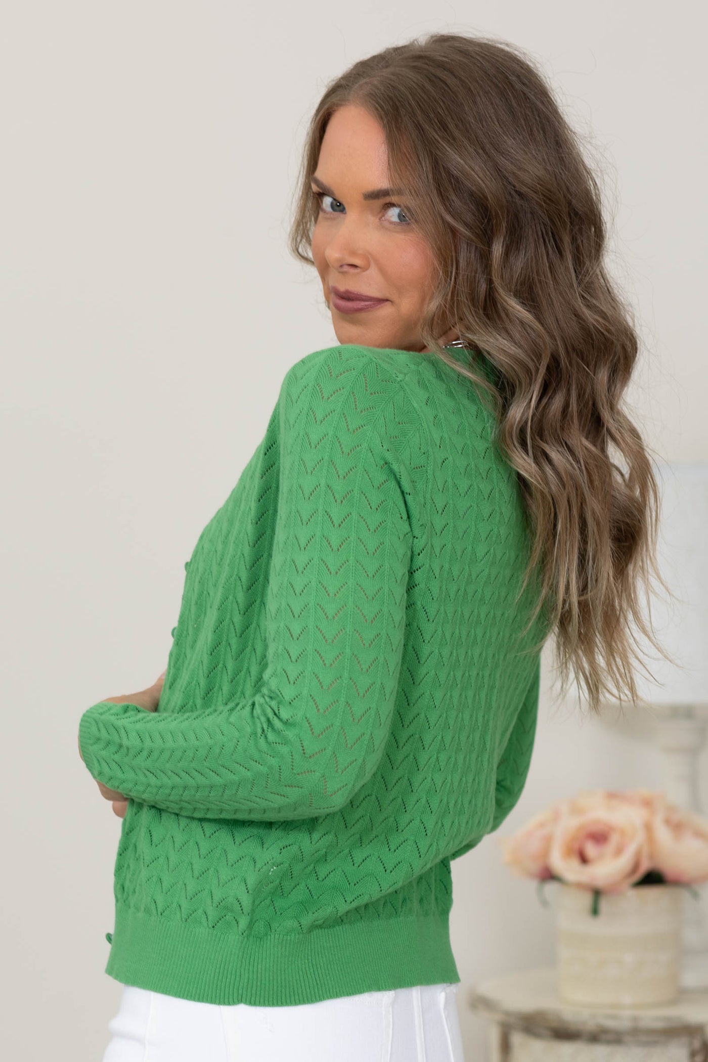 Staccato Pointelle V-Neck Button Cardigan