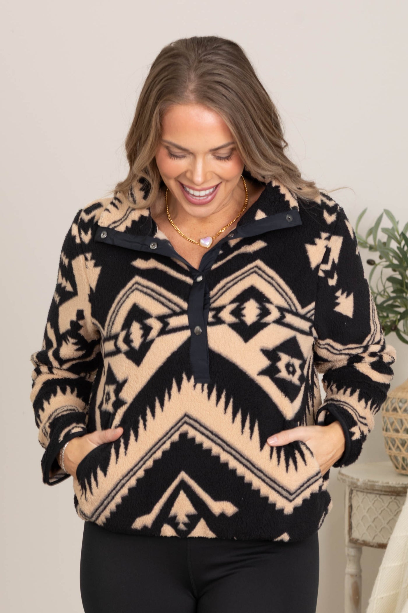 Black And Tan Aztec Print Sherpa Pullover