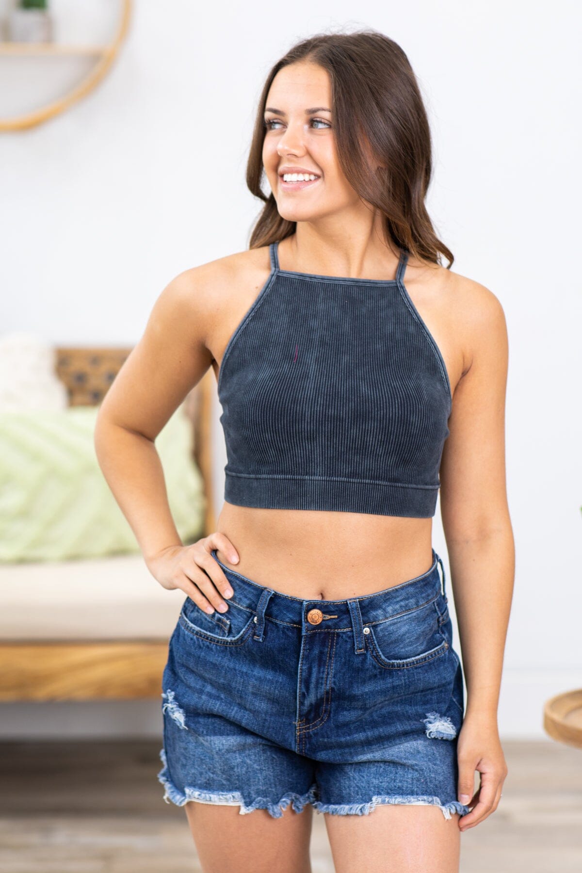 Charcoal Washed Ribbed High Neck Bralette