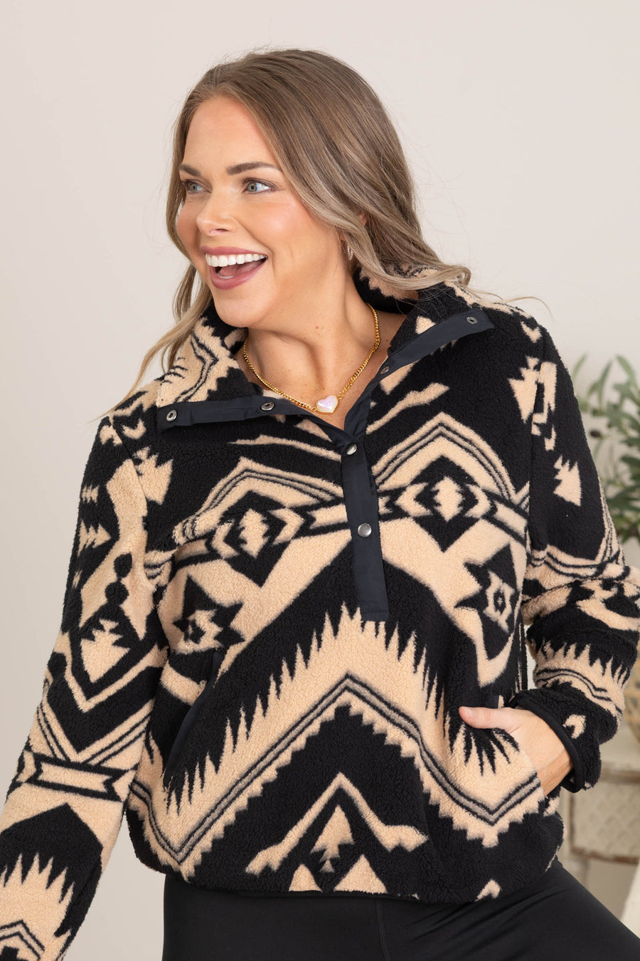 Black And Tan Aztec Print Sherpa Pullover