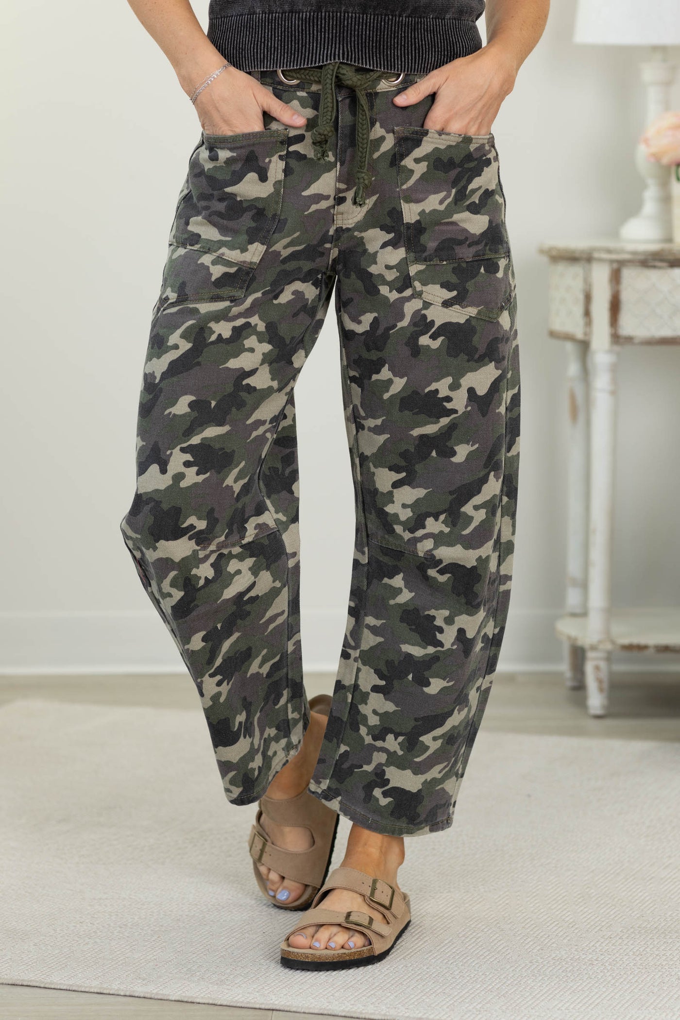 Camo Barrel Pants With Rope Belt Detail