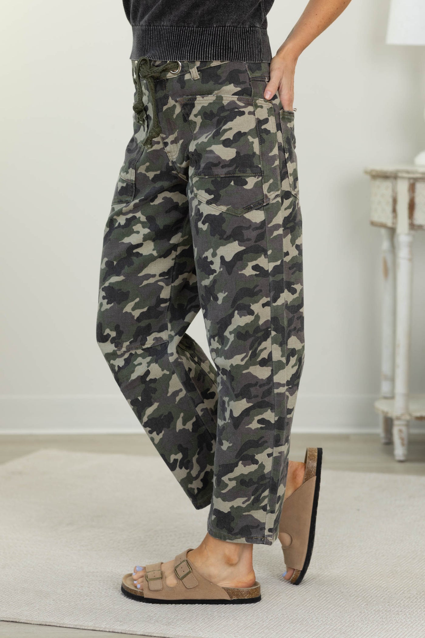 Camo Barrel Pants With Rope Belt Detail