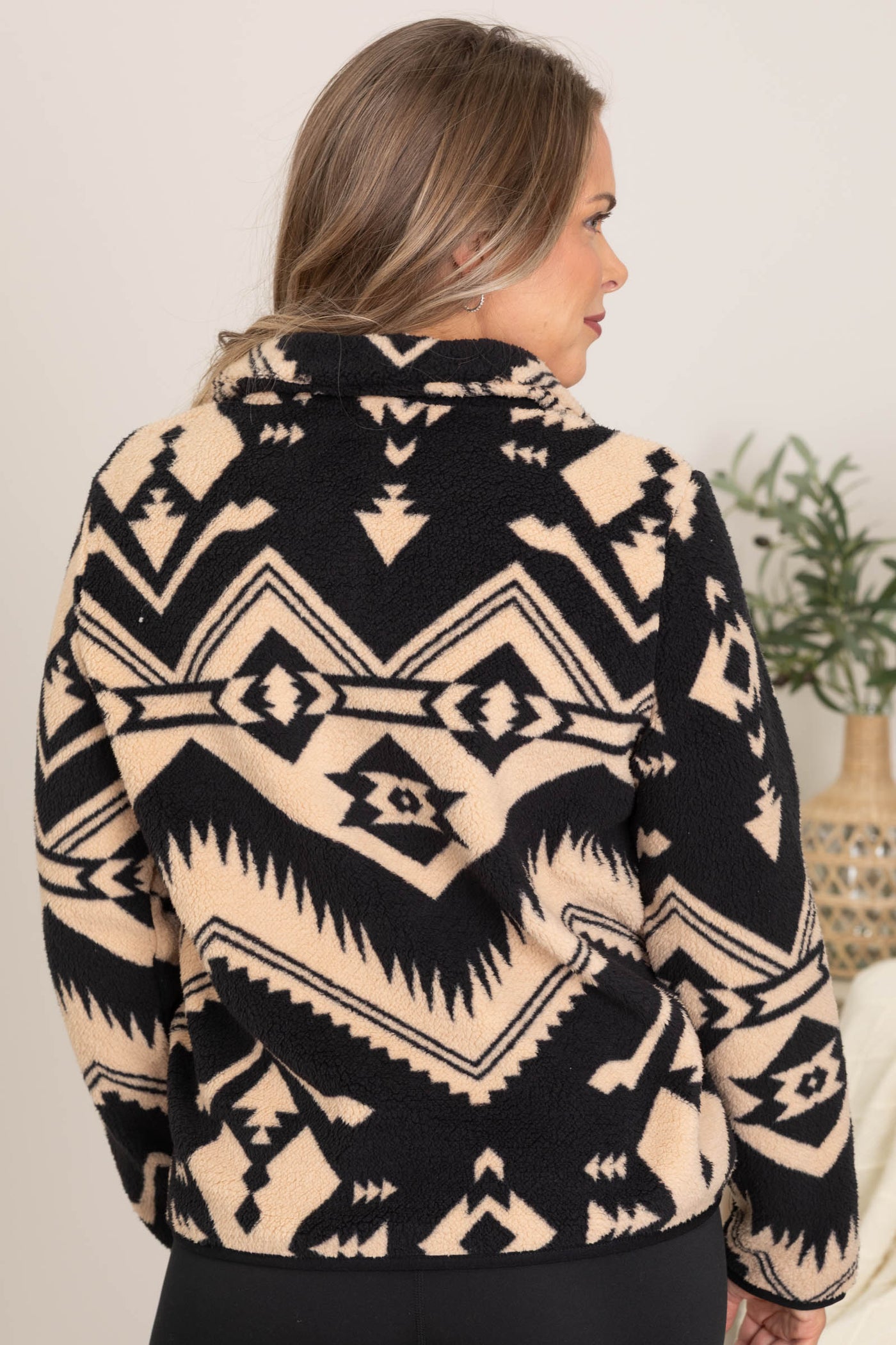 Black And Tan Aztec Print Sherpa Pullover