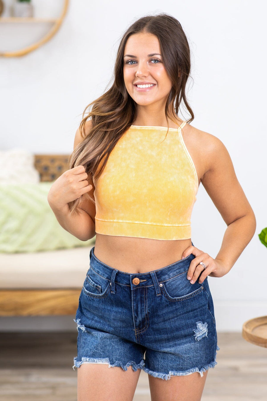 Peach Washed Ribbed High Neck Bralette - Filly Flair
