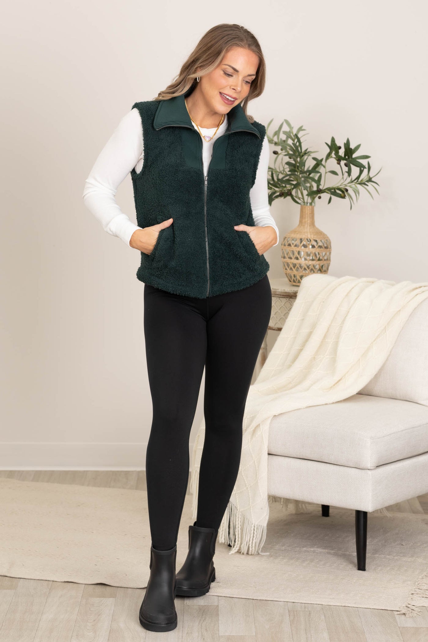 Emerald Green Sherpa Full Zip Vest