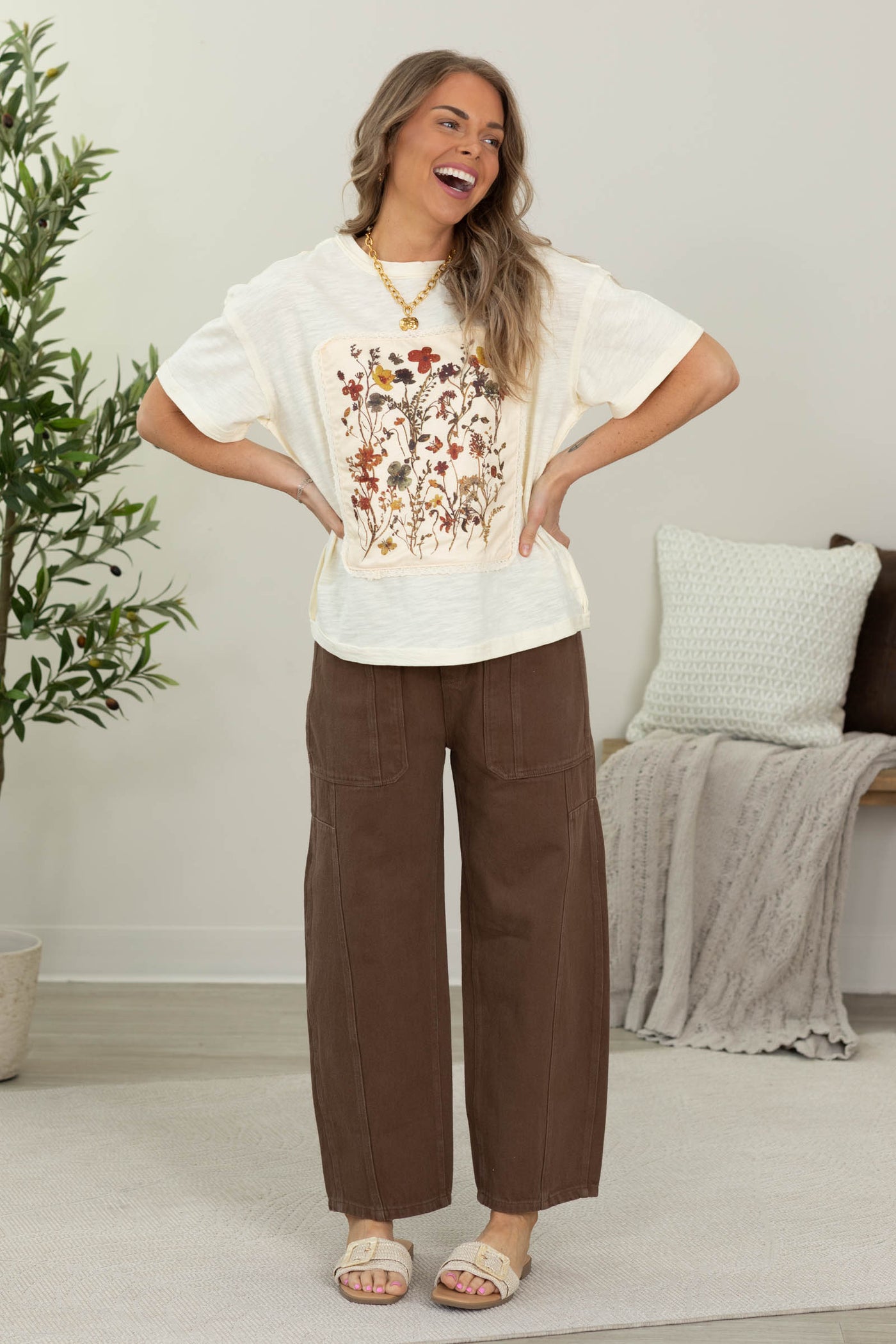 Cream Floral Patchwork Knit Top- 100% Cotton