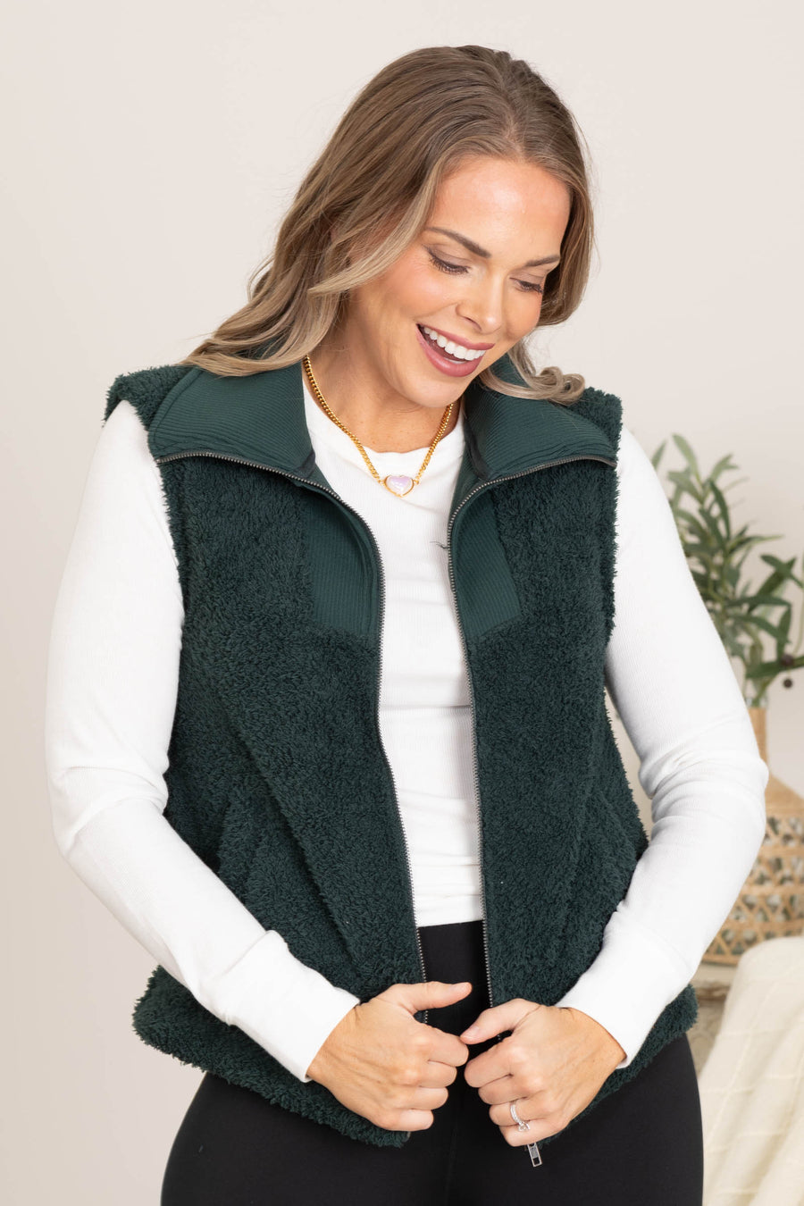 Emerald Green Sherpa Full Zip Vest