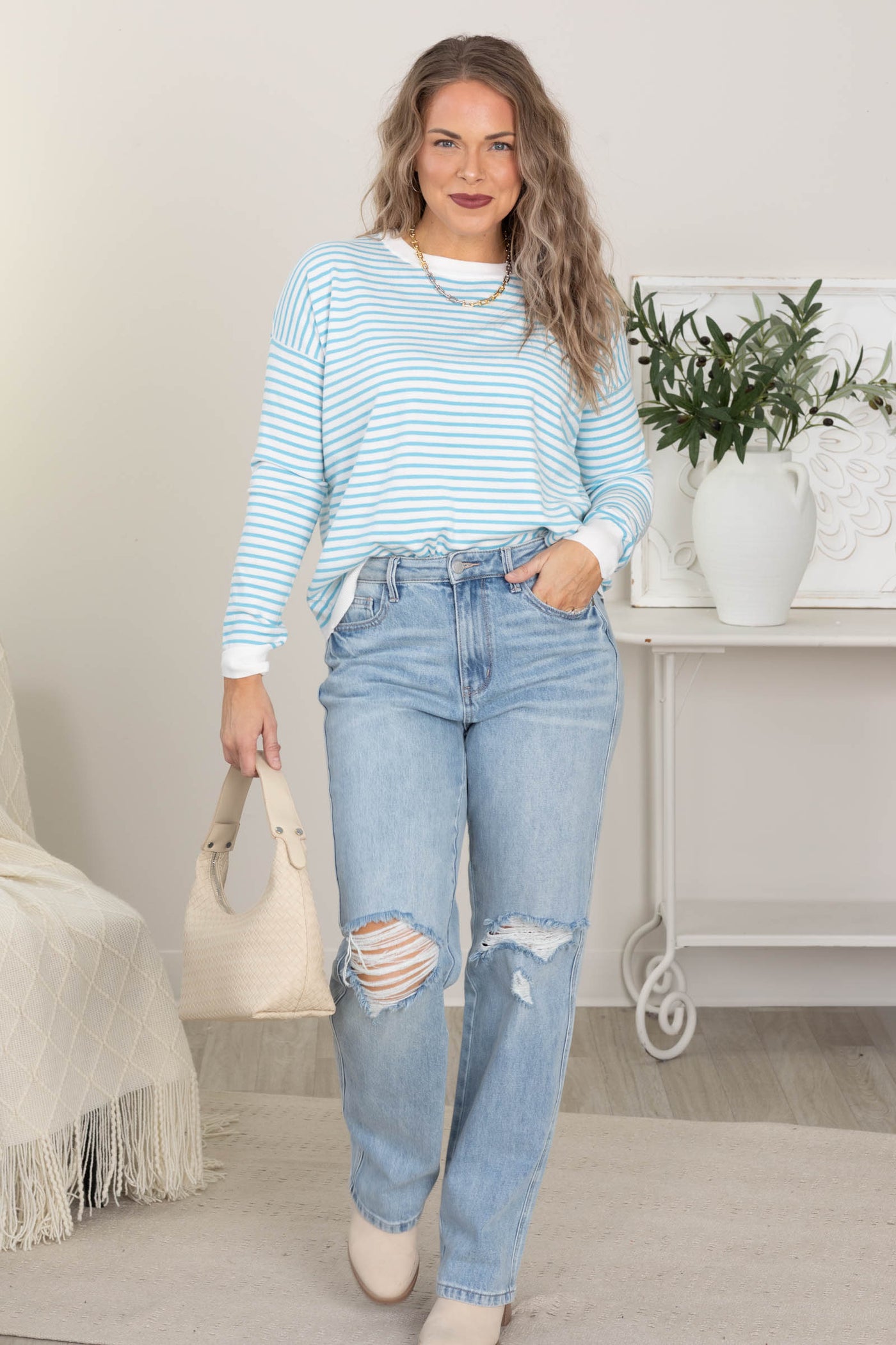 Light Blue Striped Long Sleeve Knit Sweater
