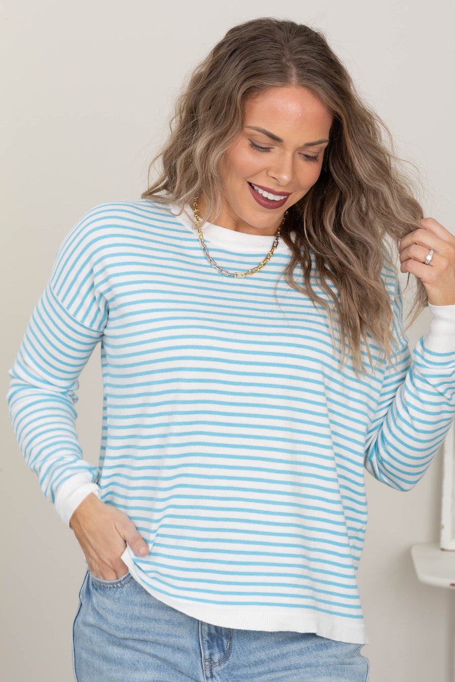 Light Blue Striped Long Sleeve Knit Sweater