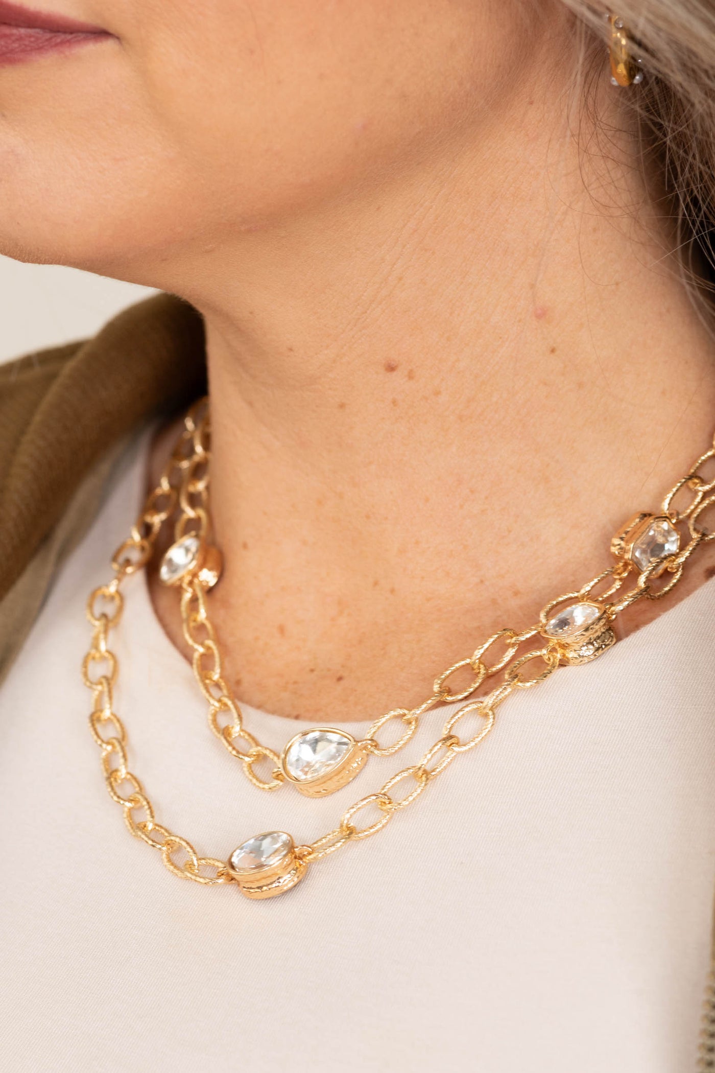 Gold Open Chain with Clear Stones Necklace