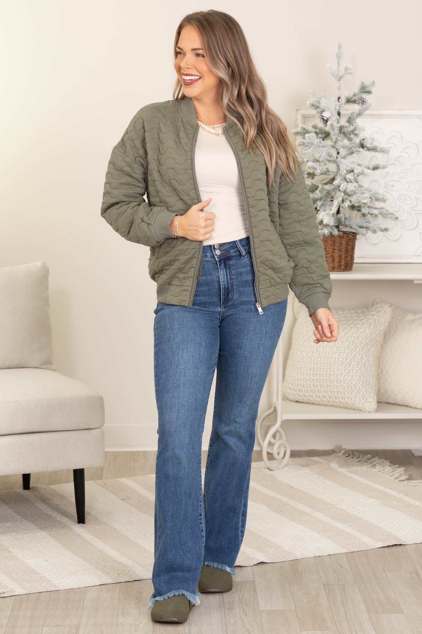 Olive Quilted Zip Up Jacket With Pockets