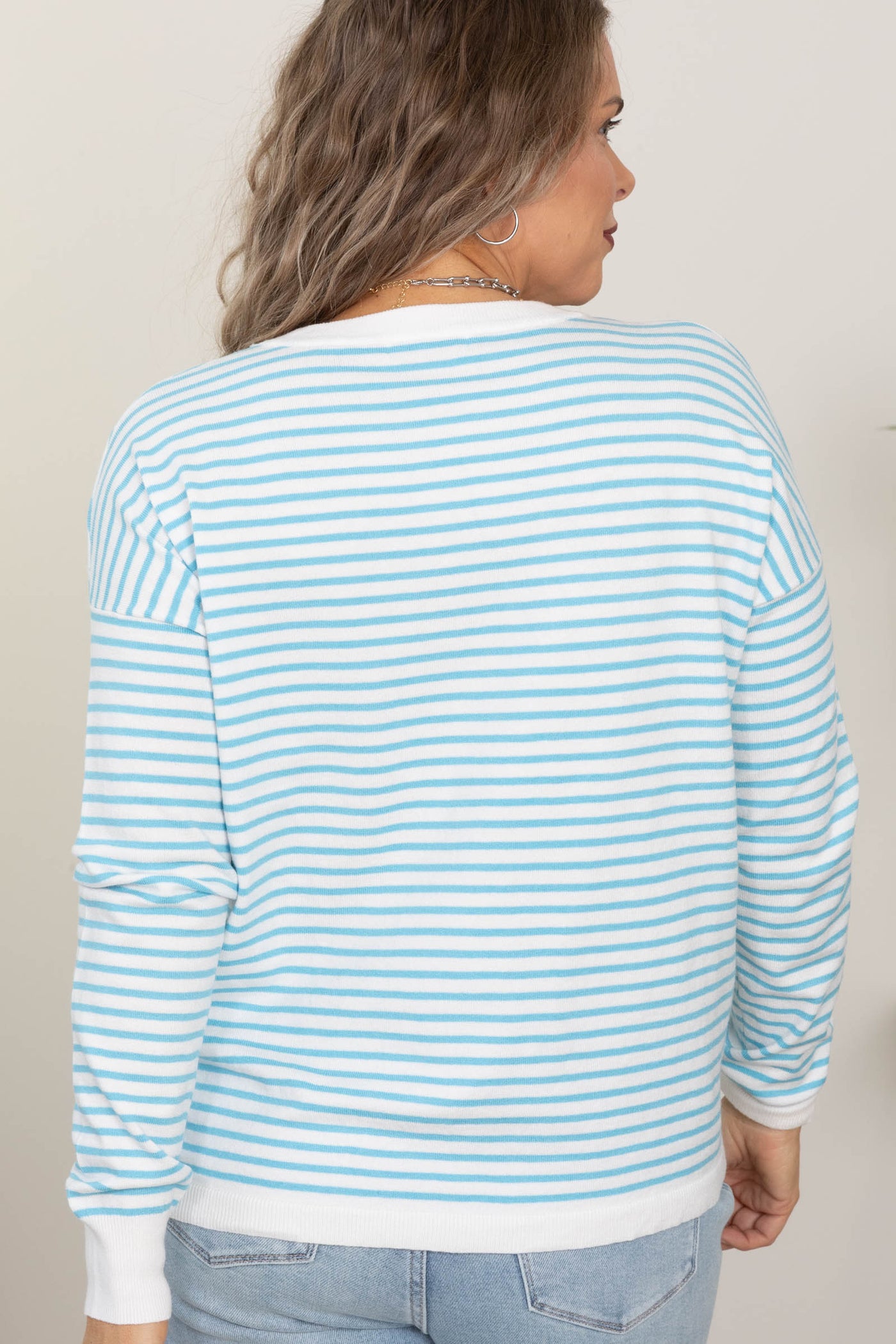 Light Blue Striped Long Sleeve Knit Sweater