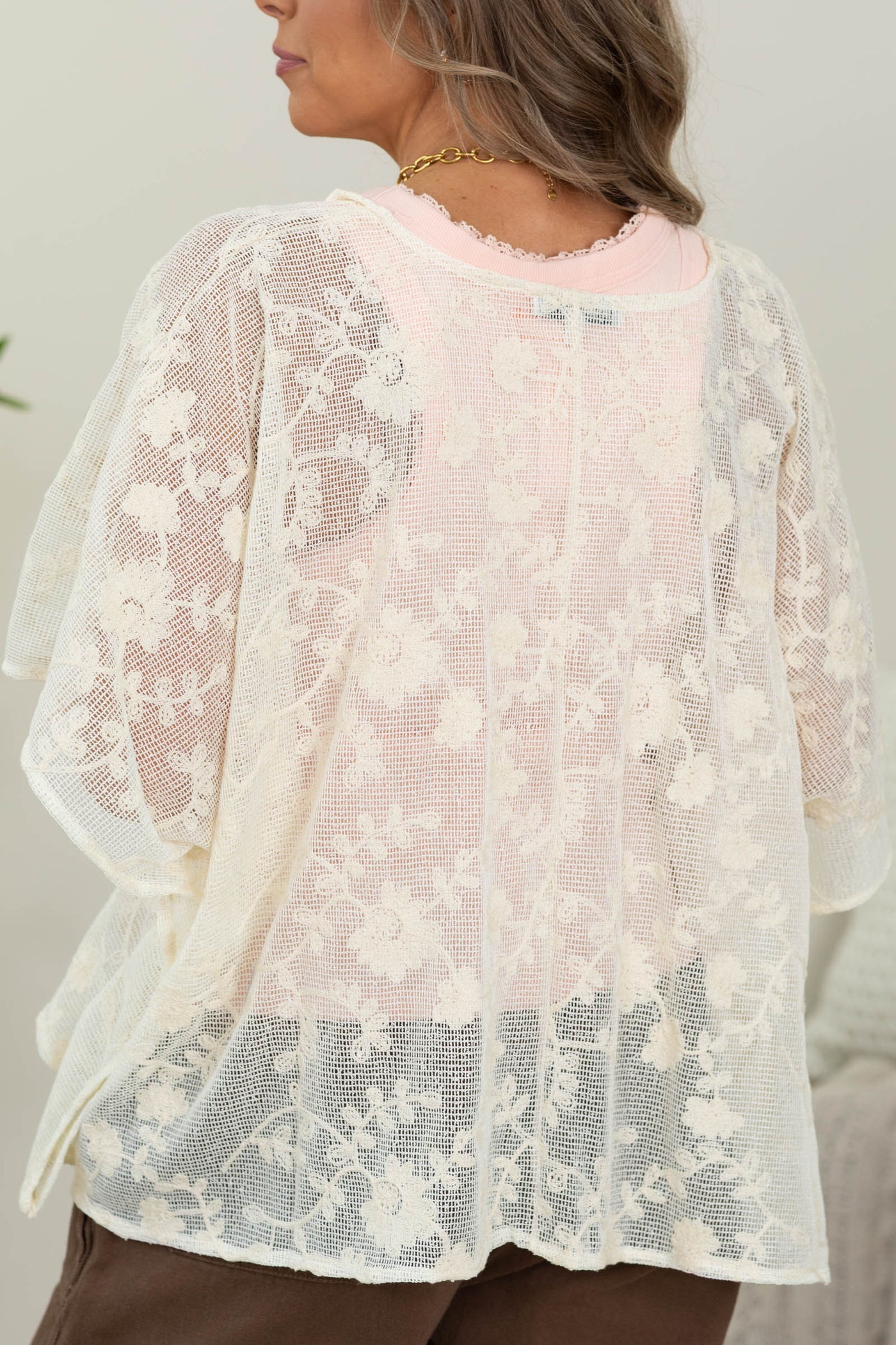 Cream Floral Lace Front Tie Kimono