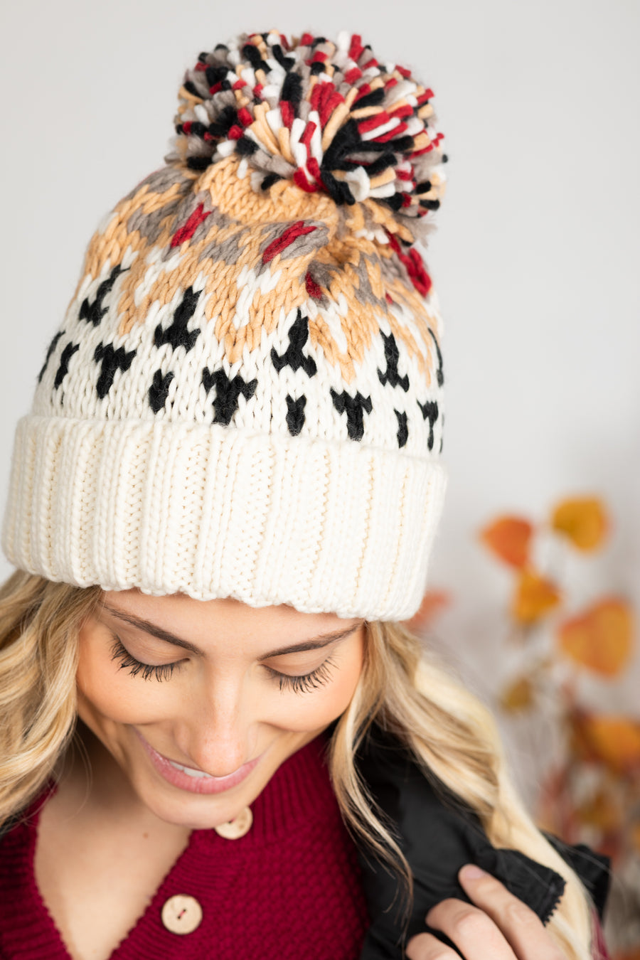 Ivory Multicolor Beanie With Pom