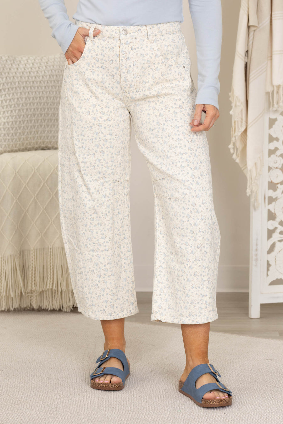 Cream With Ditsy Floral Print Barrel Jeans