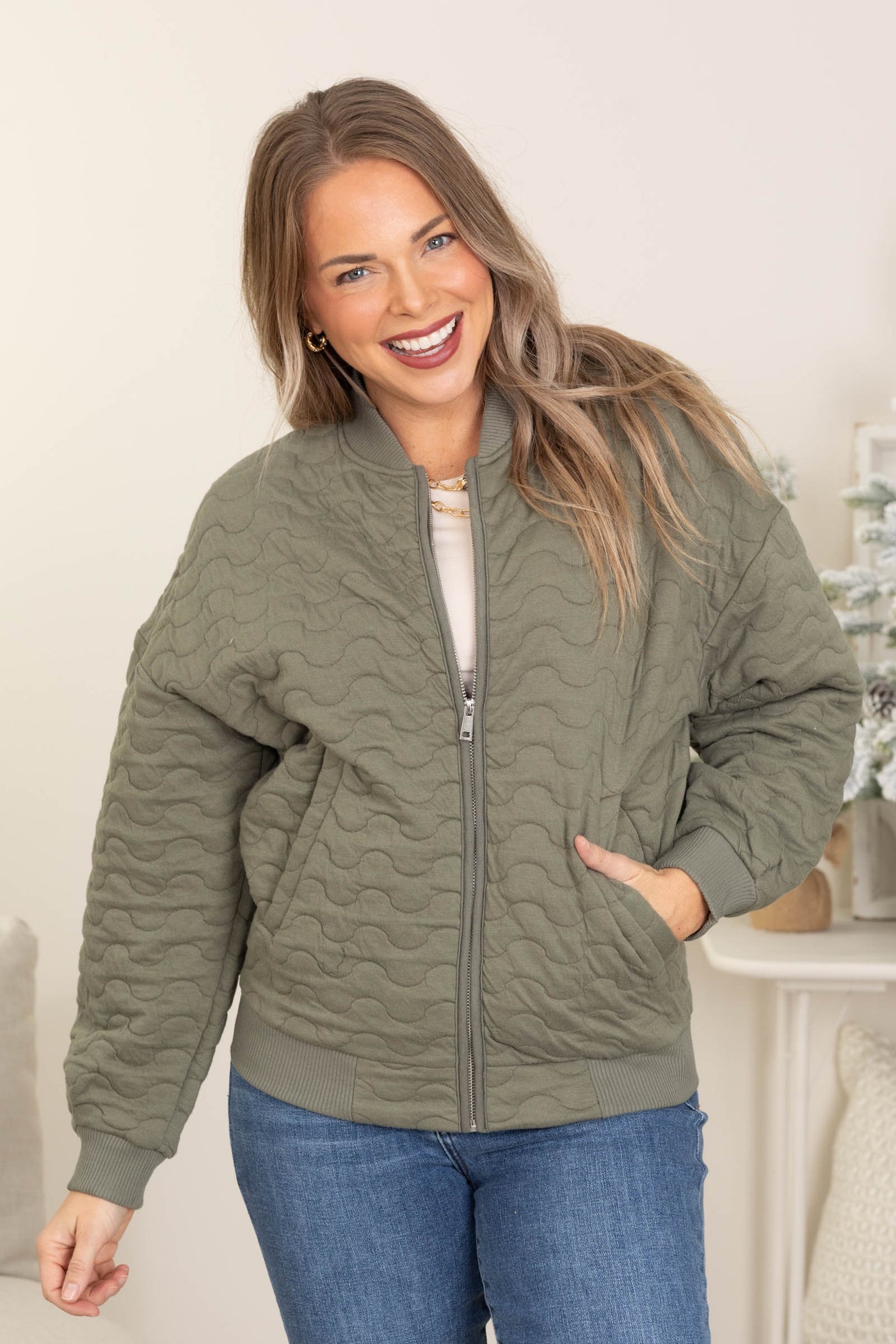 Olive Quilted Zip Up Jacket With Pockets