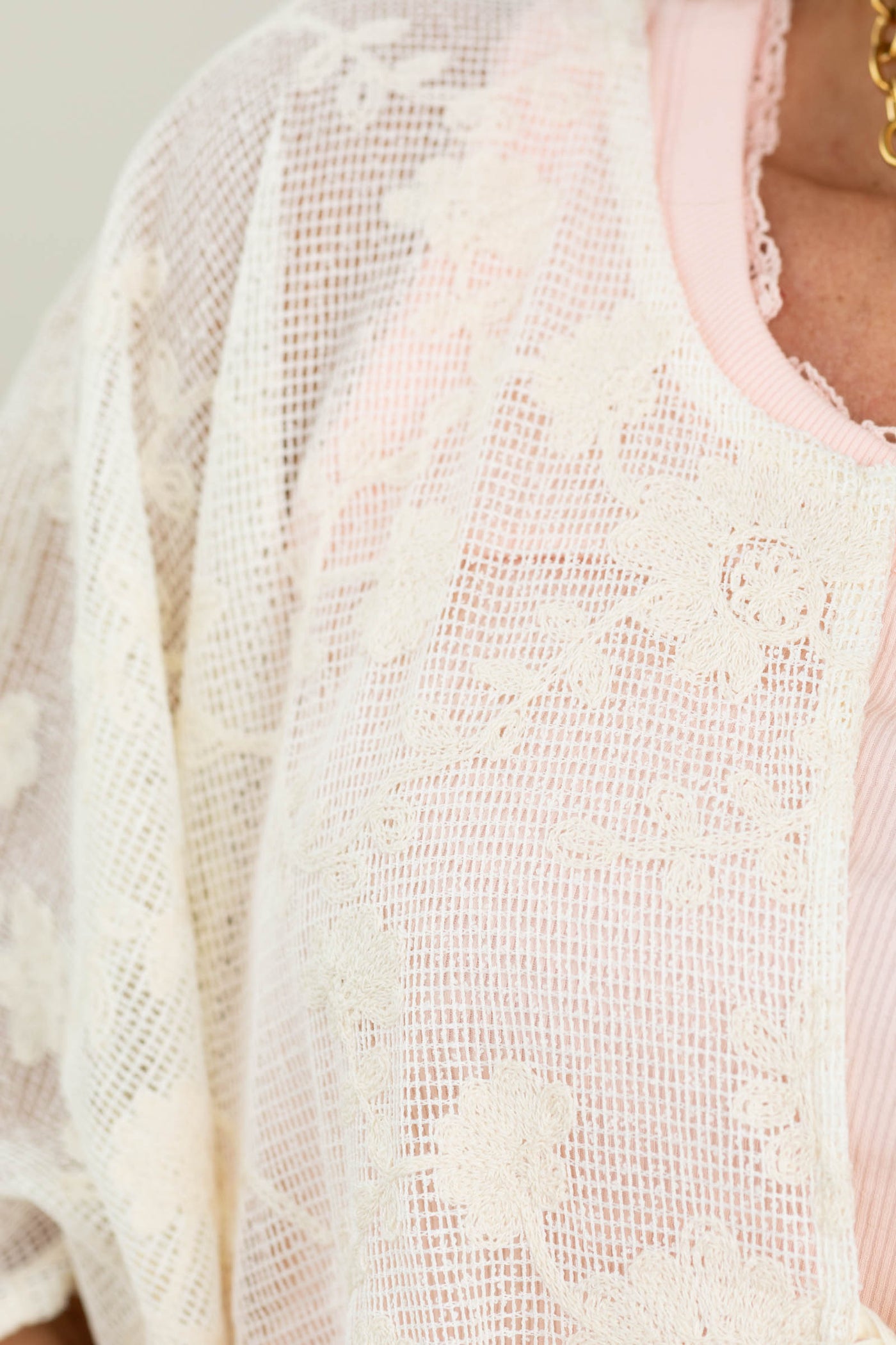Cream Floral Lace Front Tie Kimono