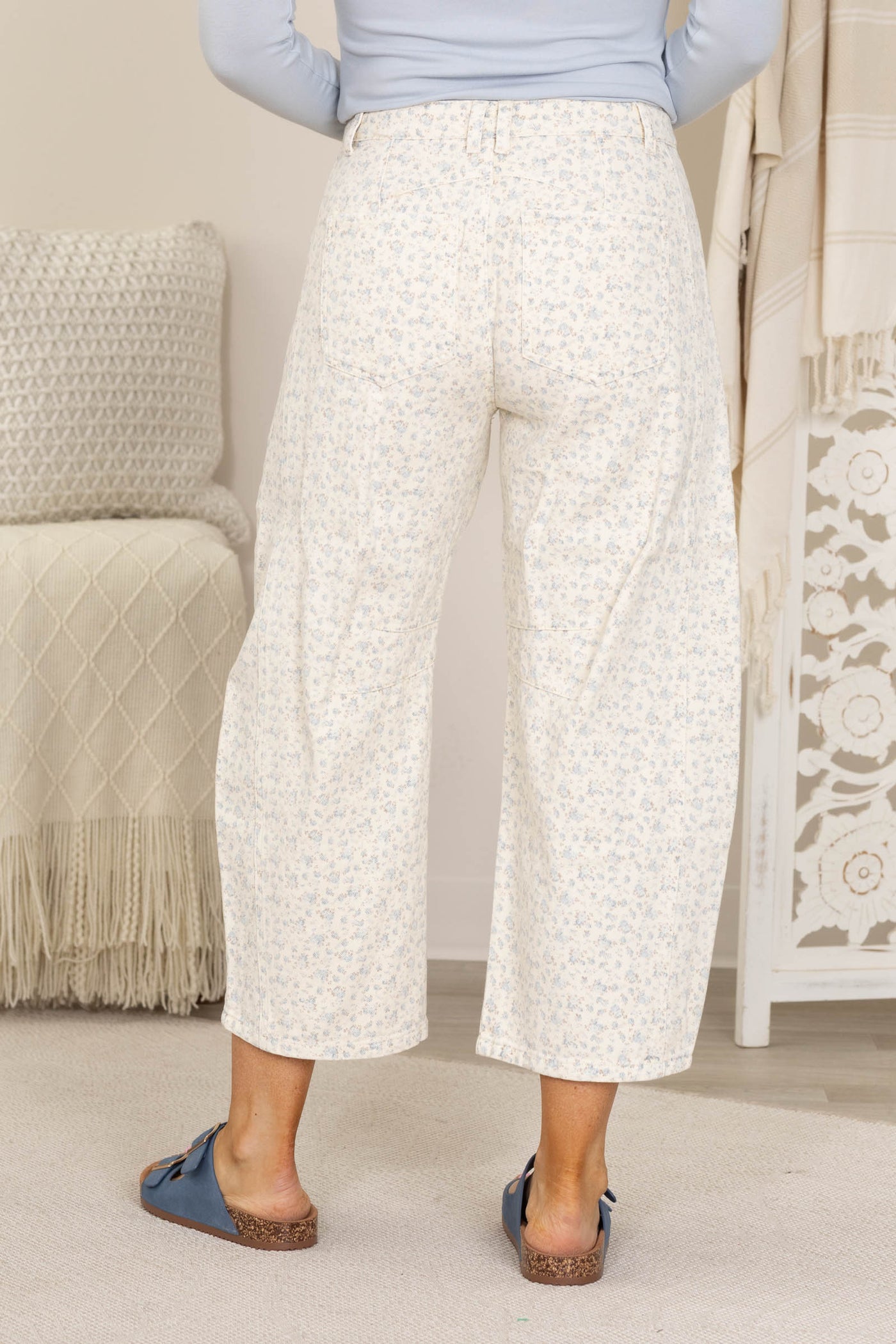 Cream With Ditsy Floral Print Barrel Jeans