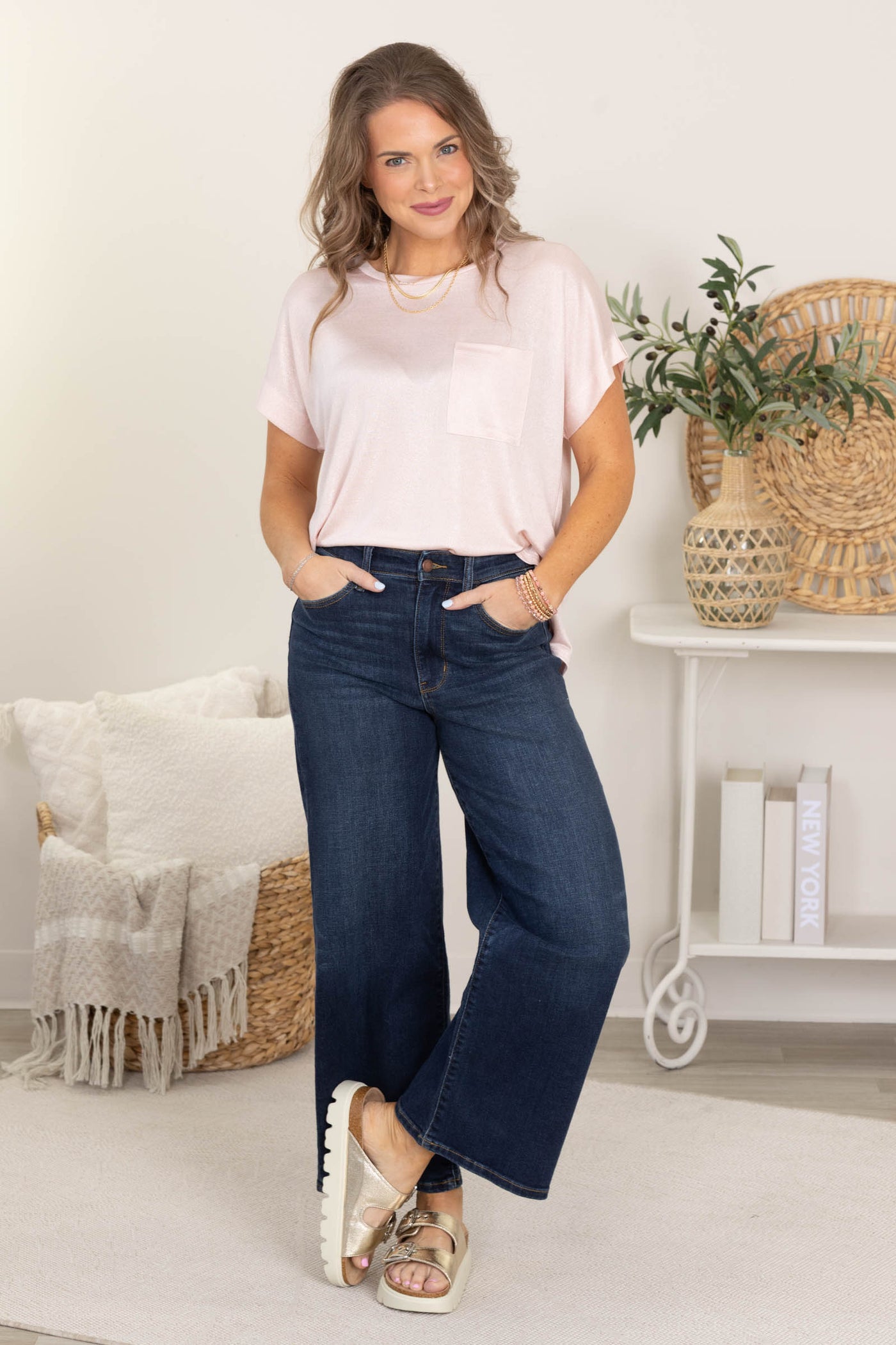 Peach Relaxed Fit Shimmering Short Sleeve Knit Top