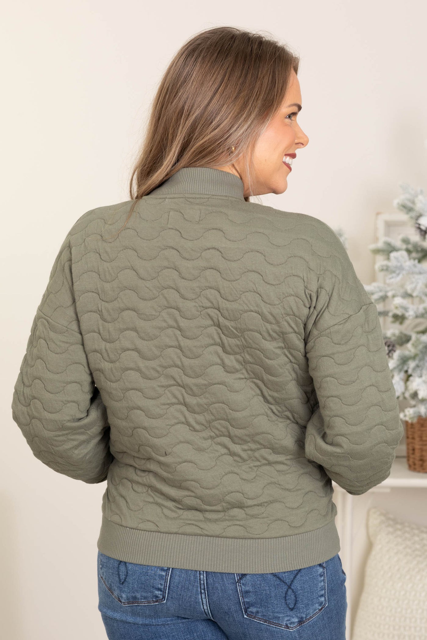 Olive Quilted Zip Up Jacket With Pockets