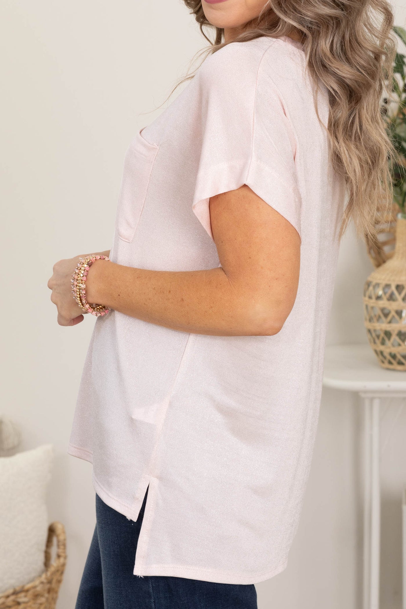 Peach Relaxed Fit Shimmering Short Sleeve Knit Top