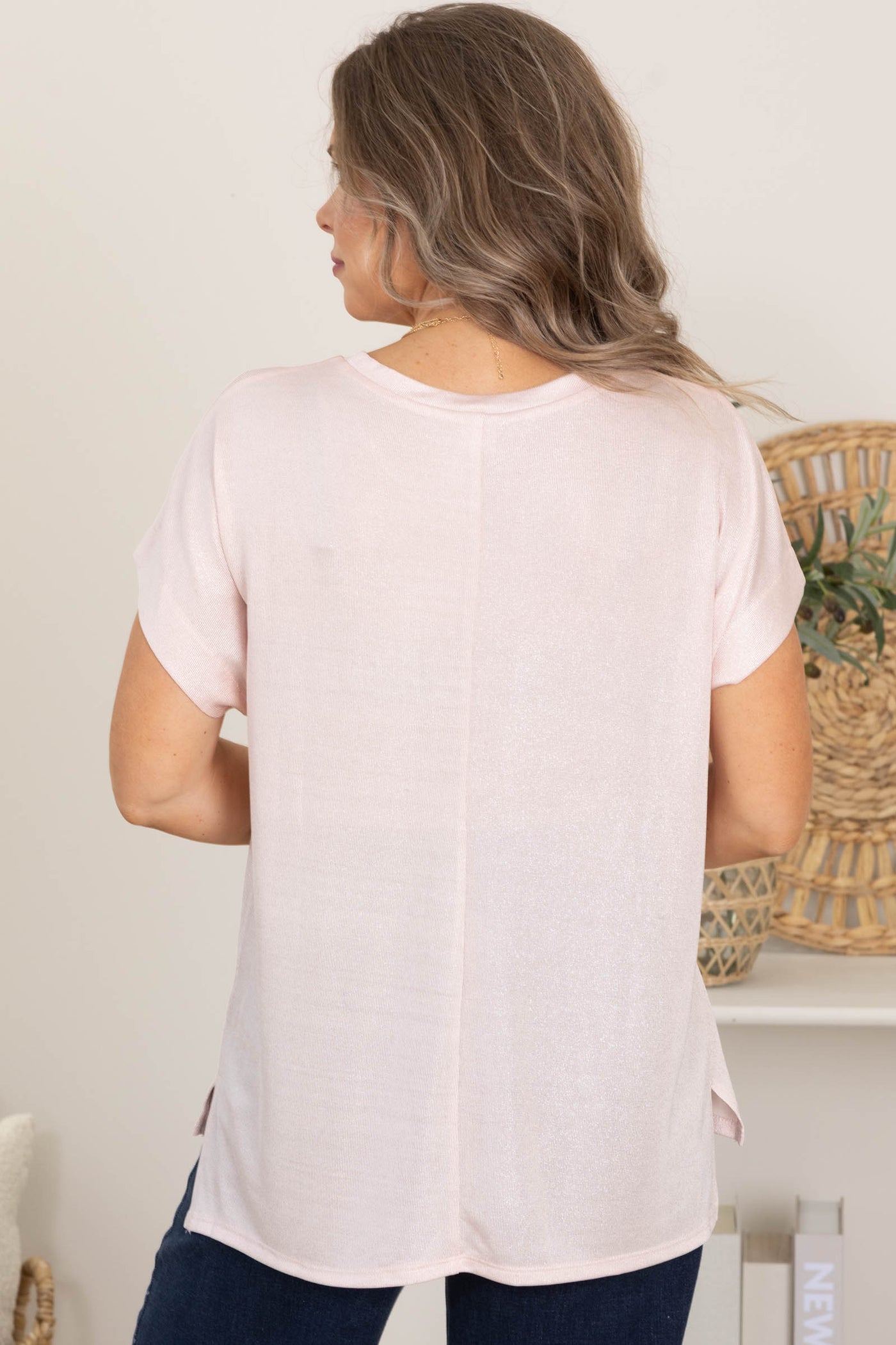 Peach Relaxed Fit Shimmering Short Sleeve Knit Top