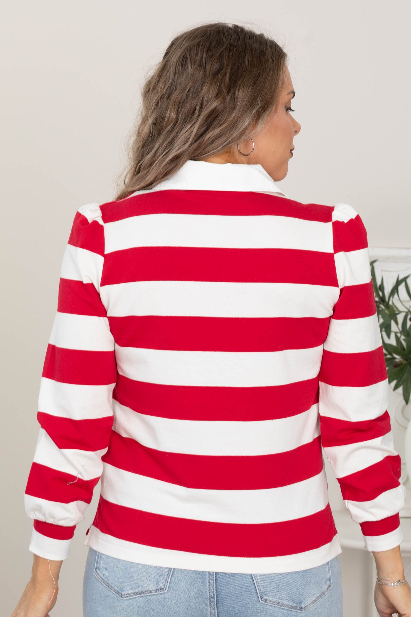Collared Bold Striped Long Sleeve Knit Tops