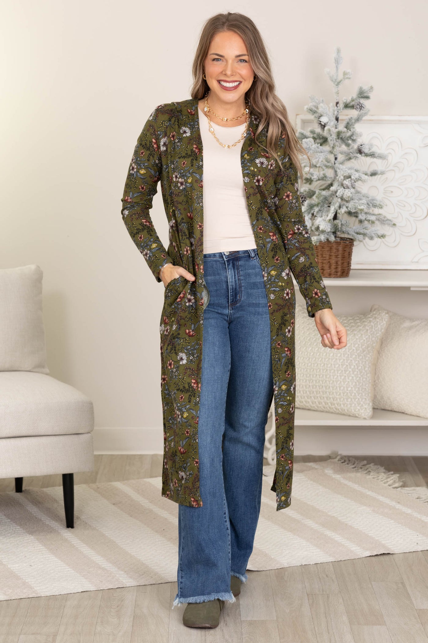 Olive Hacci Duster Cardigan With Side Slits