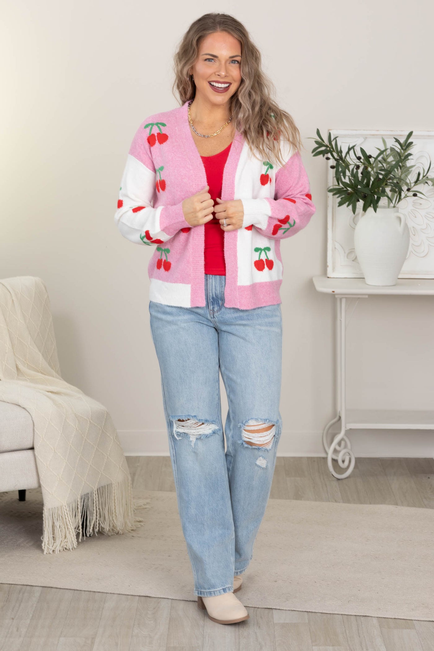 Pink Cherry Printed Sweater Cardigan