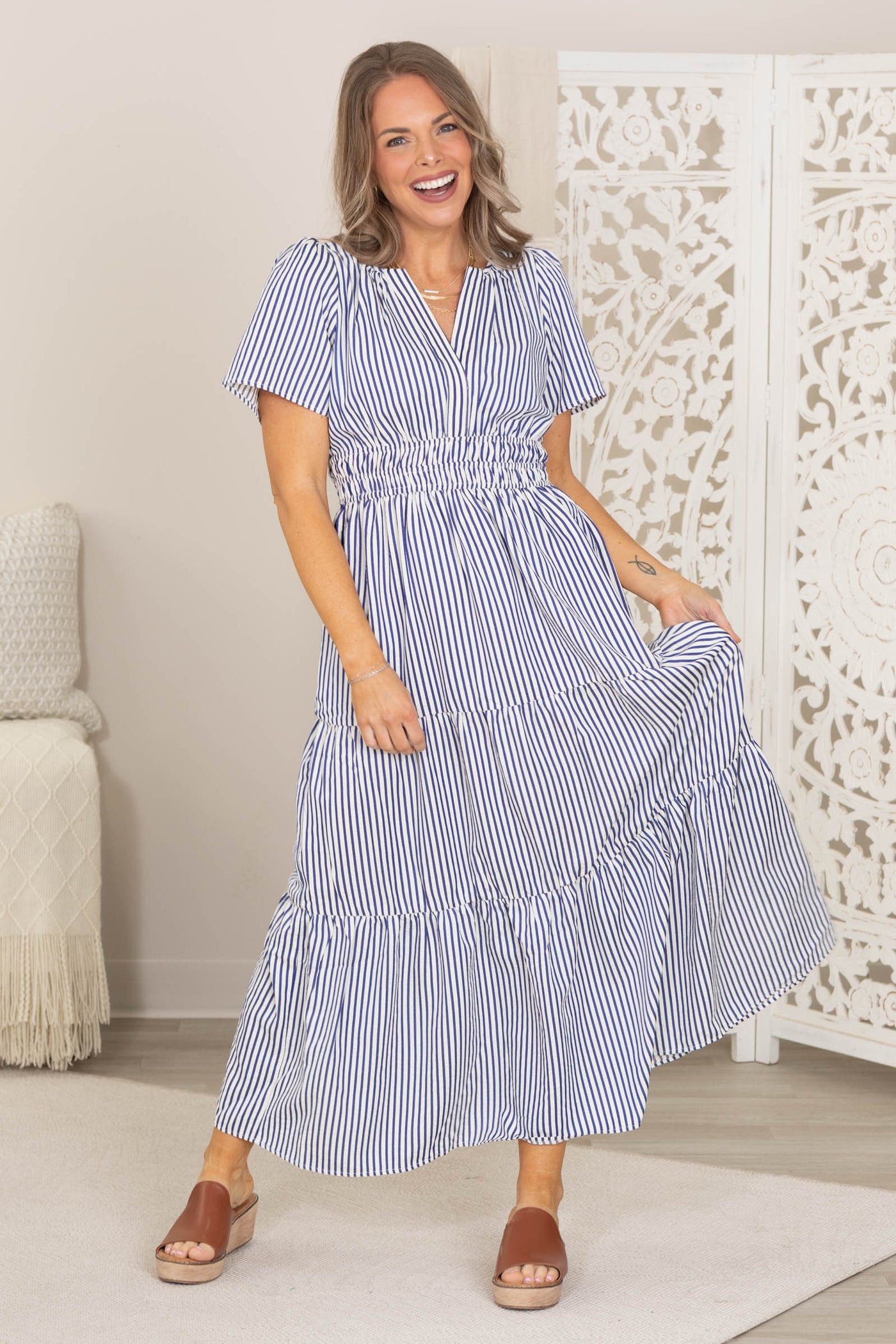striped navy maxi dress Navy Stripe Georgette Maxi Dress self-portrait-US
