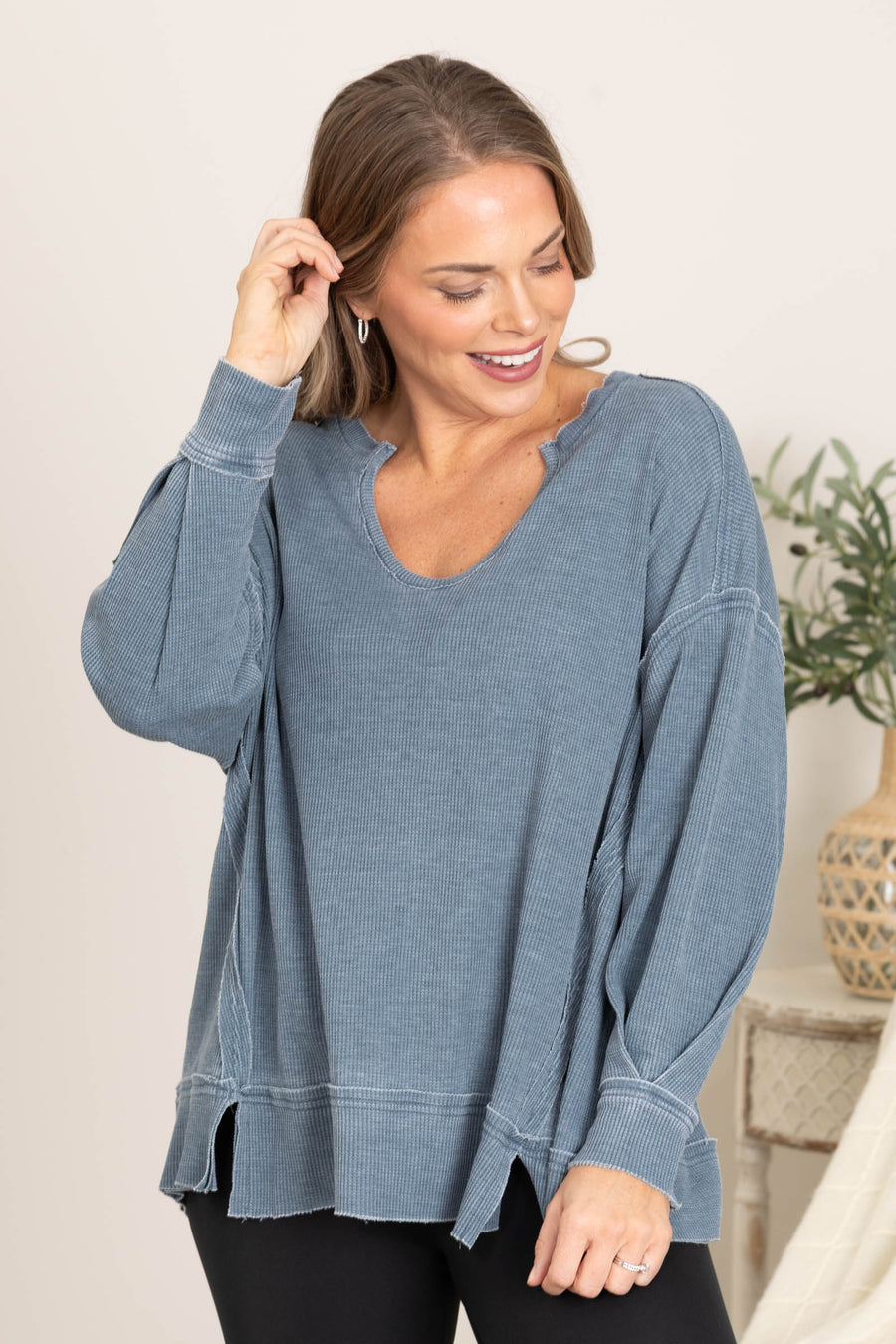 Relaxed Fit Waffle Top With Notch Neck