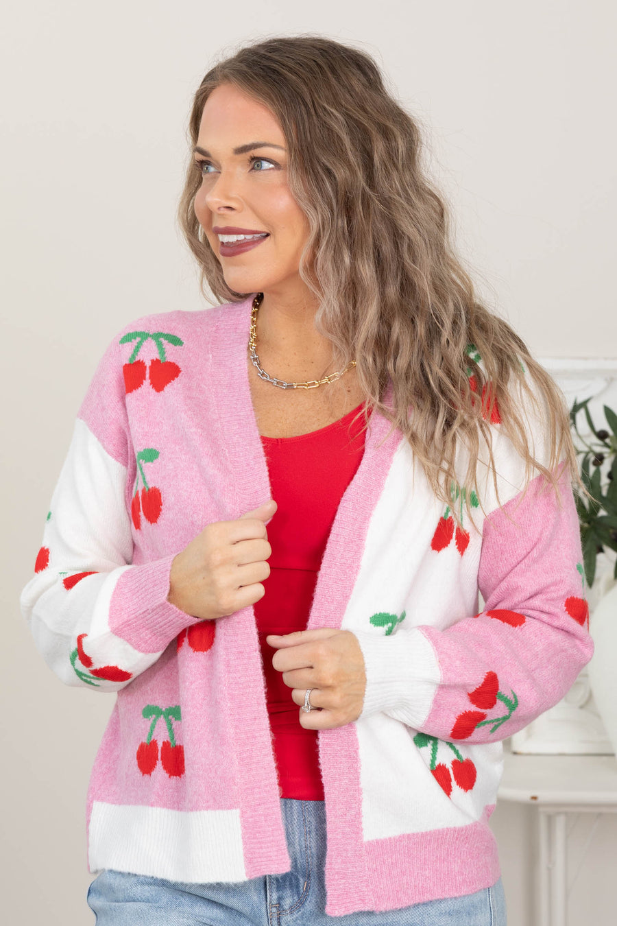 Pink Cherry Printed Sweater Cardigan