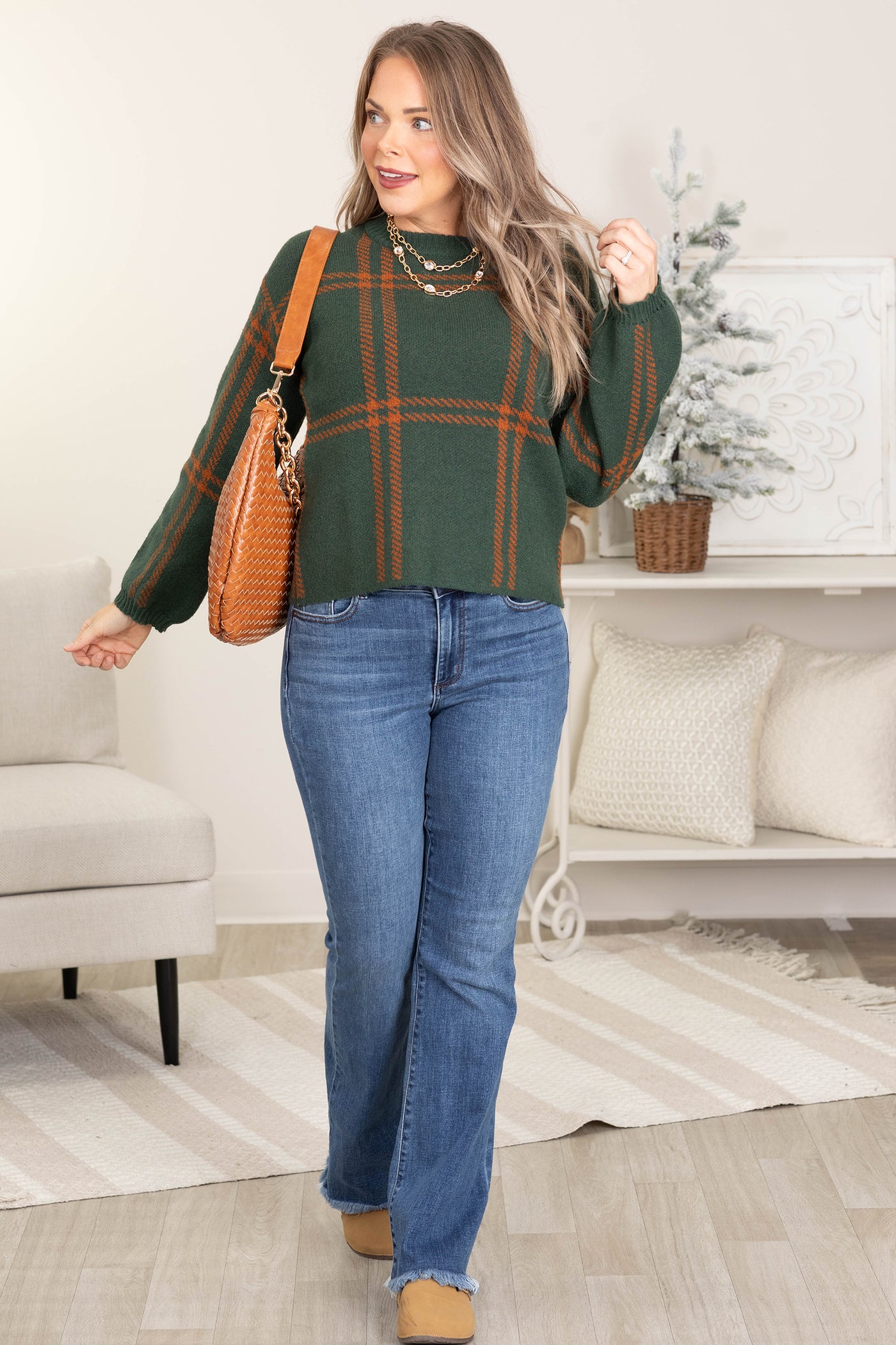 Hunter Green And Rust Plaid Jacquard Sweater