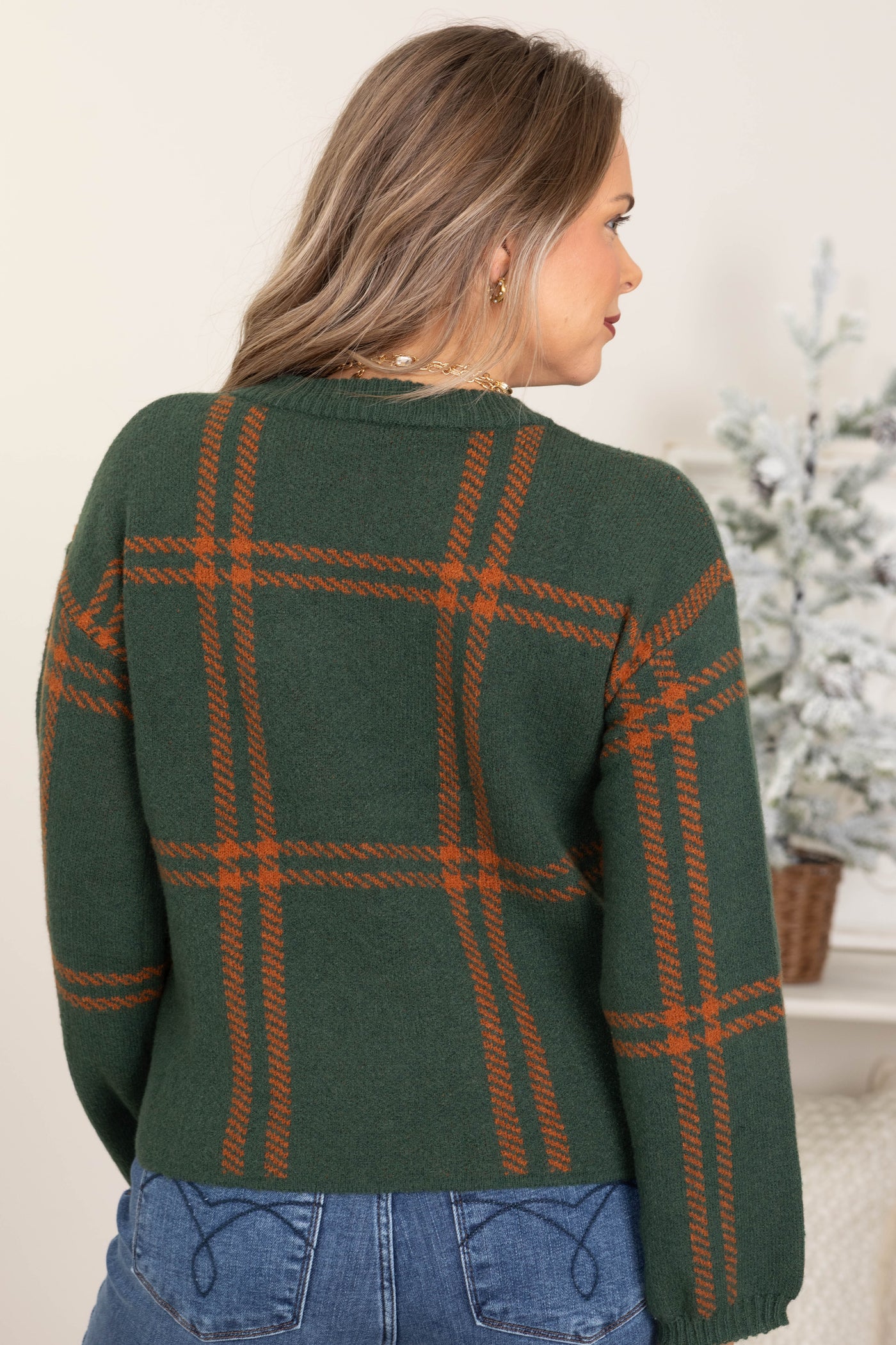 Hunter Green And Rust Plaid Jacquard Sweater
