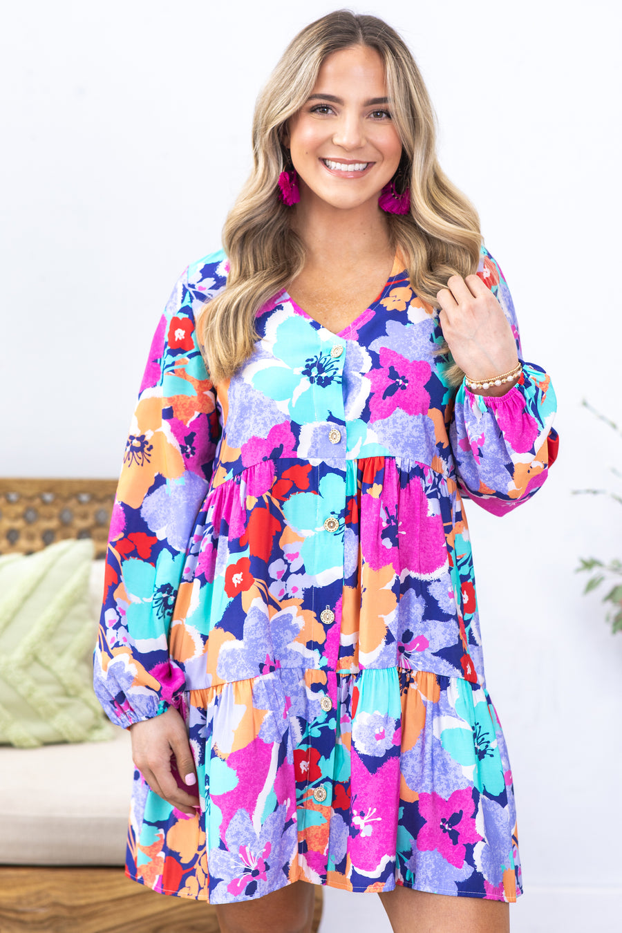 Lavender Floral Print Tiered Dress