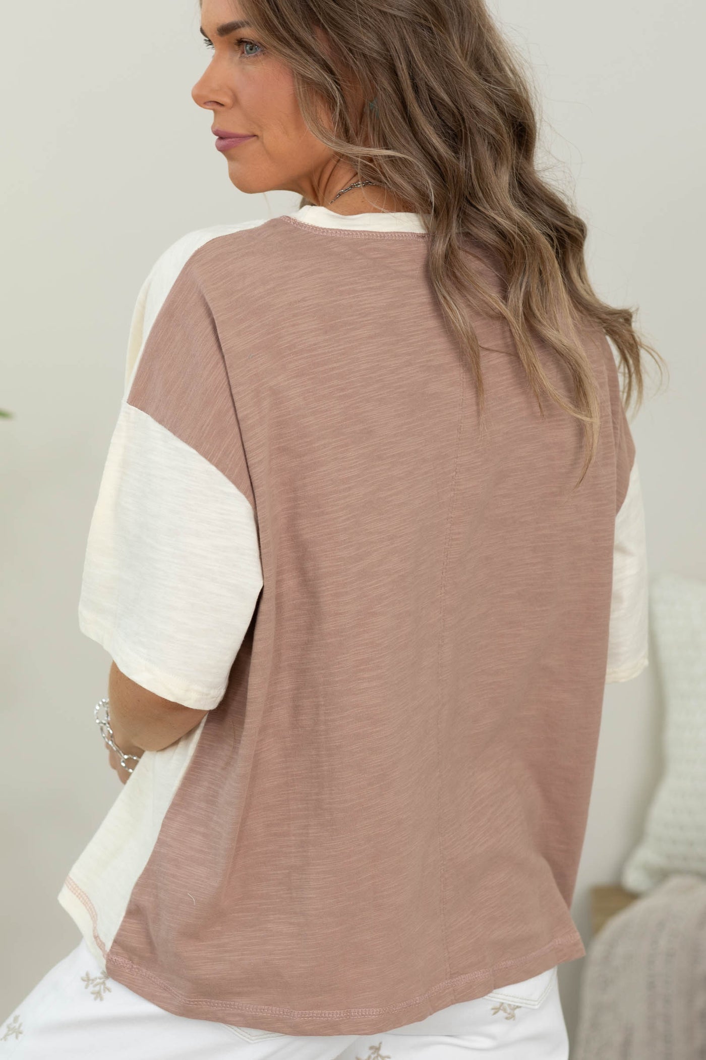 Cream Peace Patch Slub Knit Color Block Top- 100% Cotton