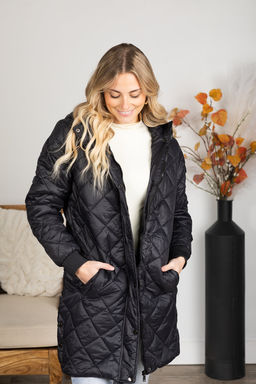 Black Quilted Hooded Zip-Up Jacket