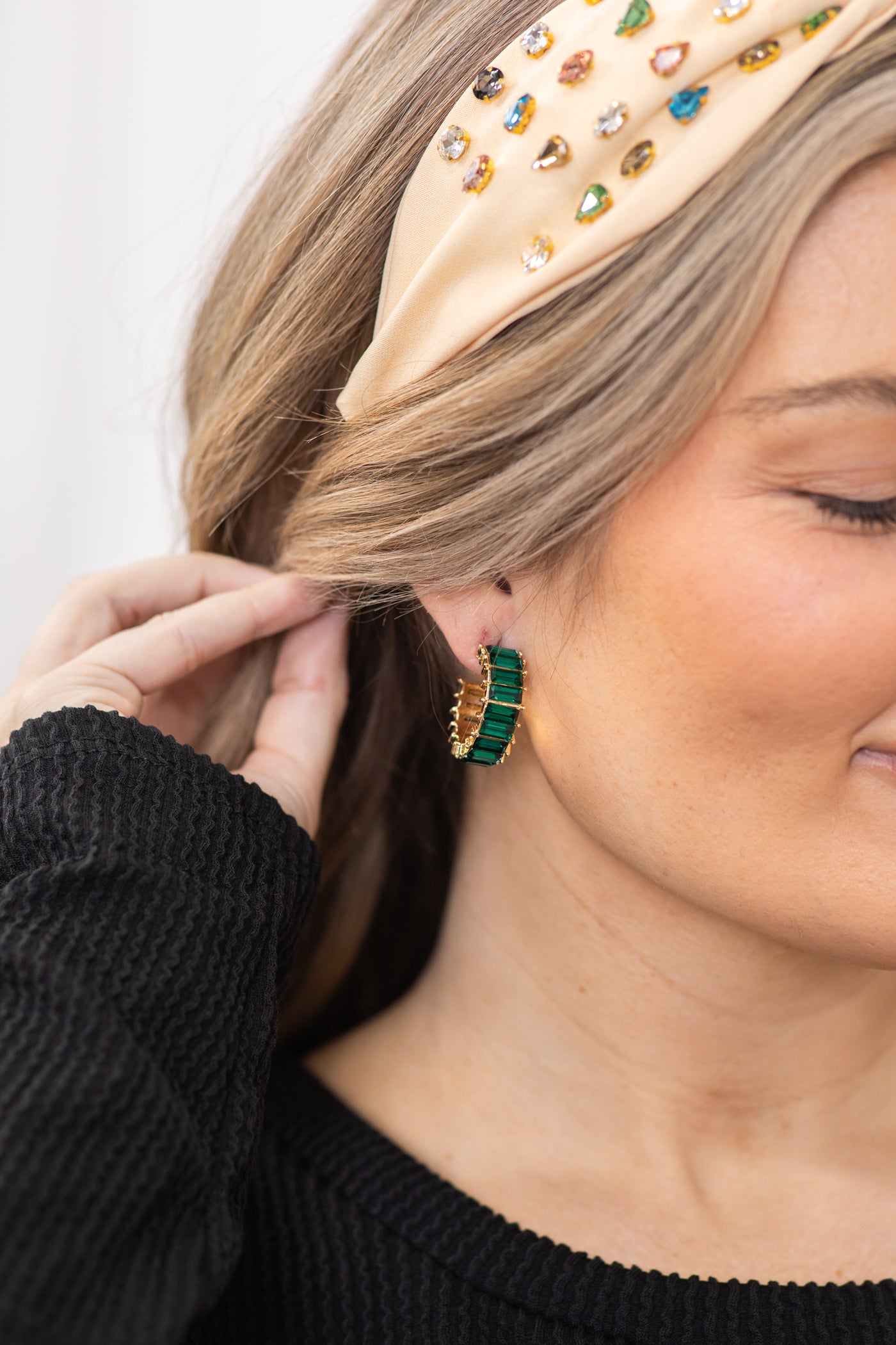 Emerald Green Rhinestone Baguette Earrings
